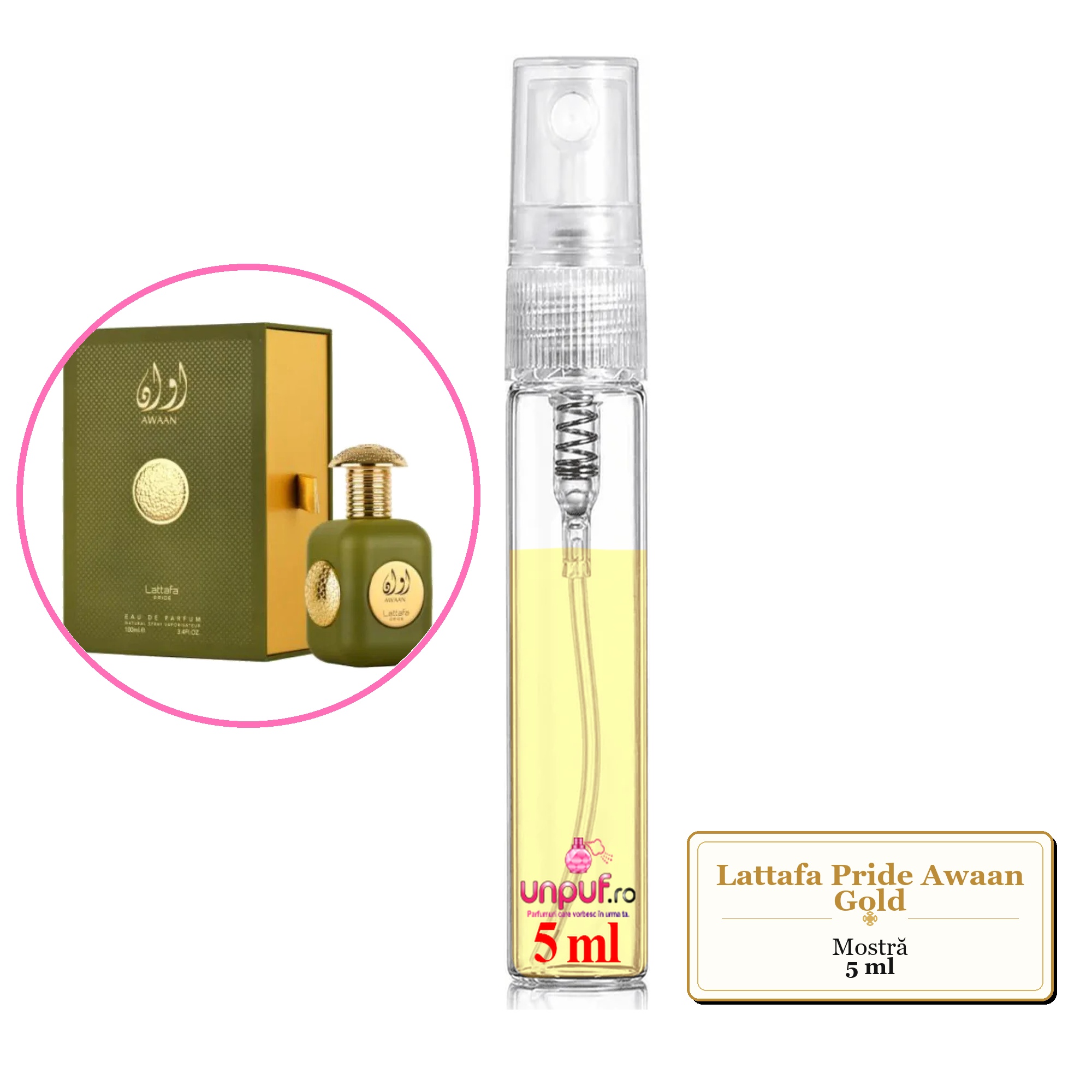 Mostra fiola din Parfumul Lattafa Pride Awaan Gold, decant sticla cu pulverizator