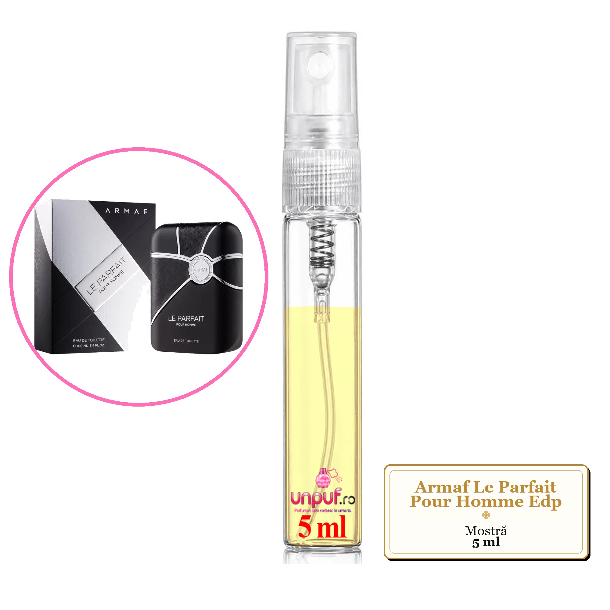 Mostra fiola din Parfumul Armaf Le Parfait Pour Homme Edp, decant sticla cu pulverizator