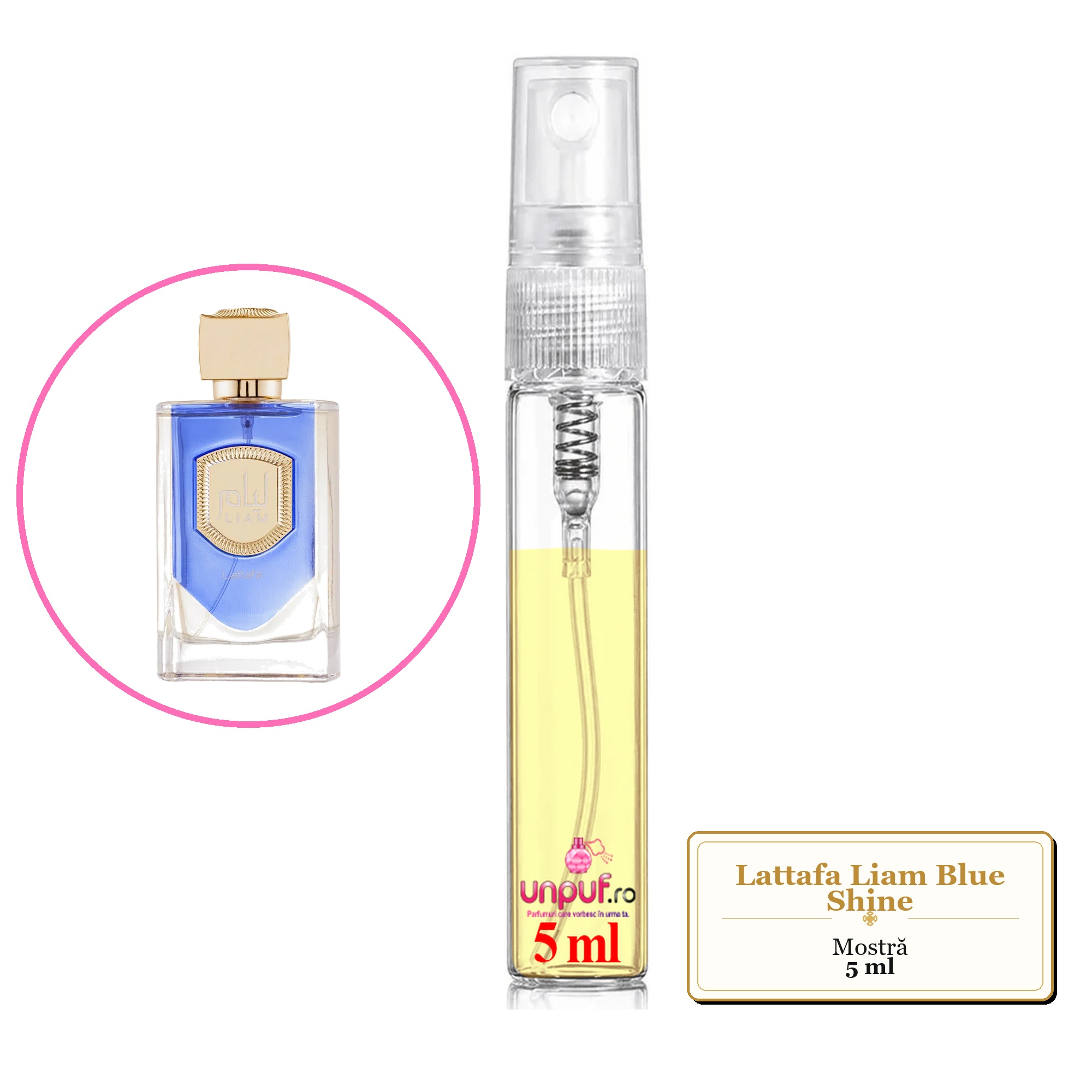 Mostra fiola din Parfumul Lattafa Liam Blue Shine, decant sticla cu pulverizator