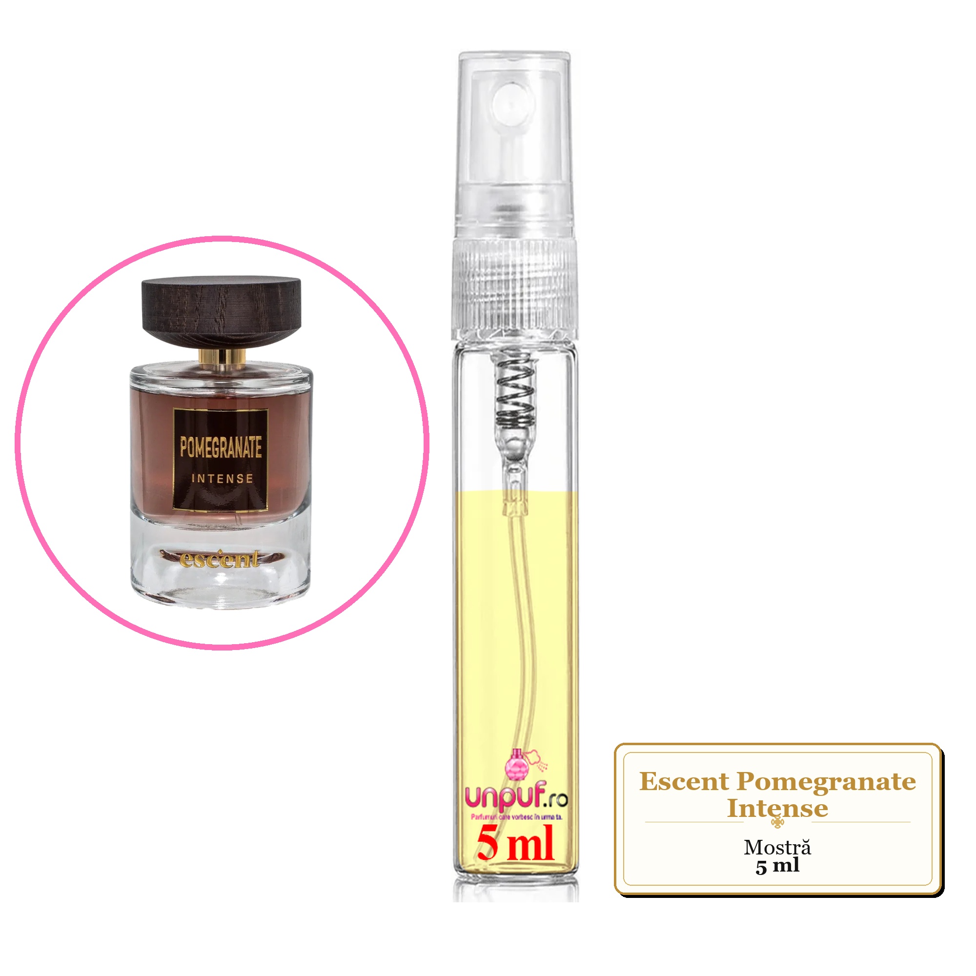Mostra fiola din Parfumul Escent Pomegranate Intense, decant sticla cu pulverizator 