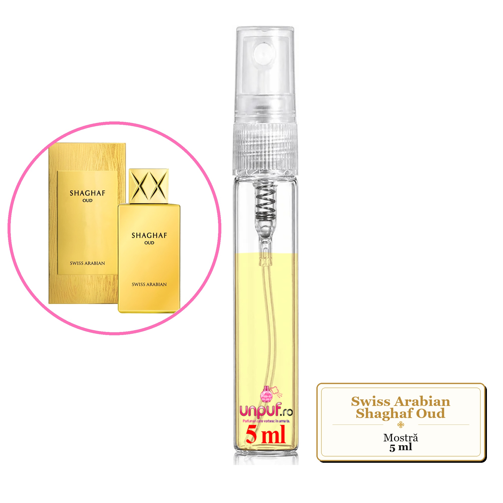 Mostra fiola din Parfumul Swiss Arabian Shaghaf Oud, decant sticla cu pulverizator