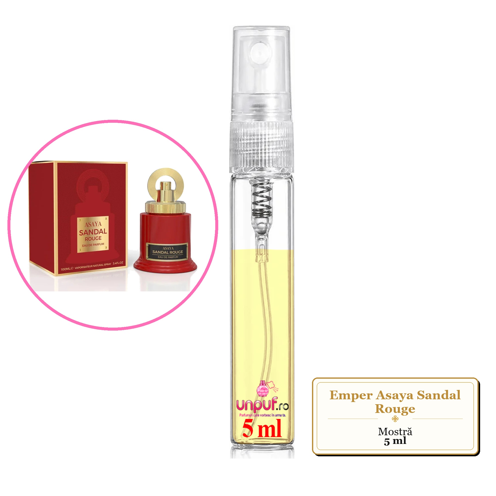 Mostra fiola din Parfumul Emper Asaya Sandal Rouge, decant sticla cu pulverizator