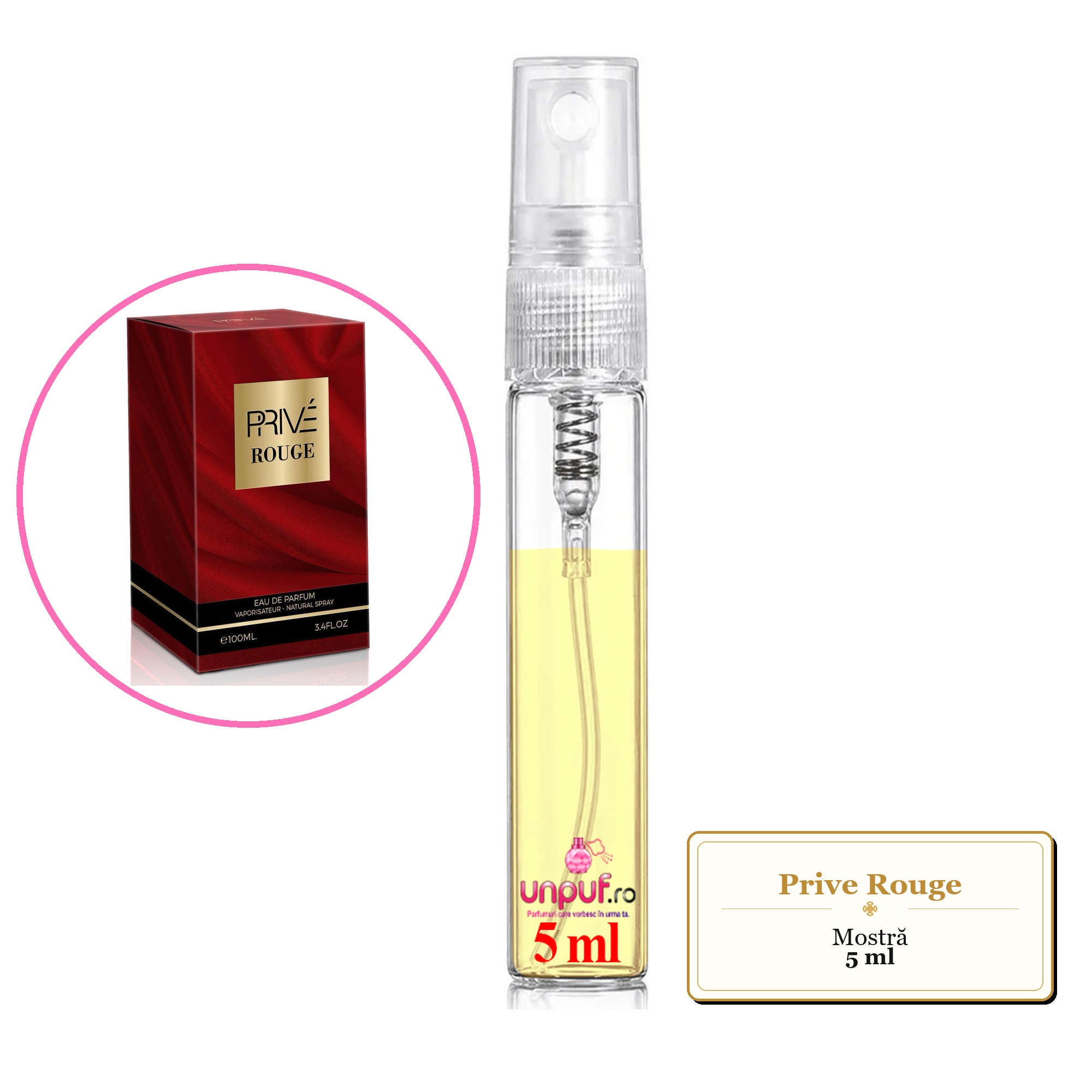 Mostra fiola din Parfumul Prive Rouge, decant sticla cu pulverizator