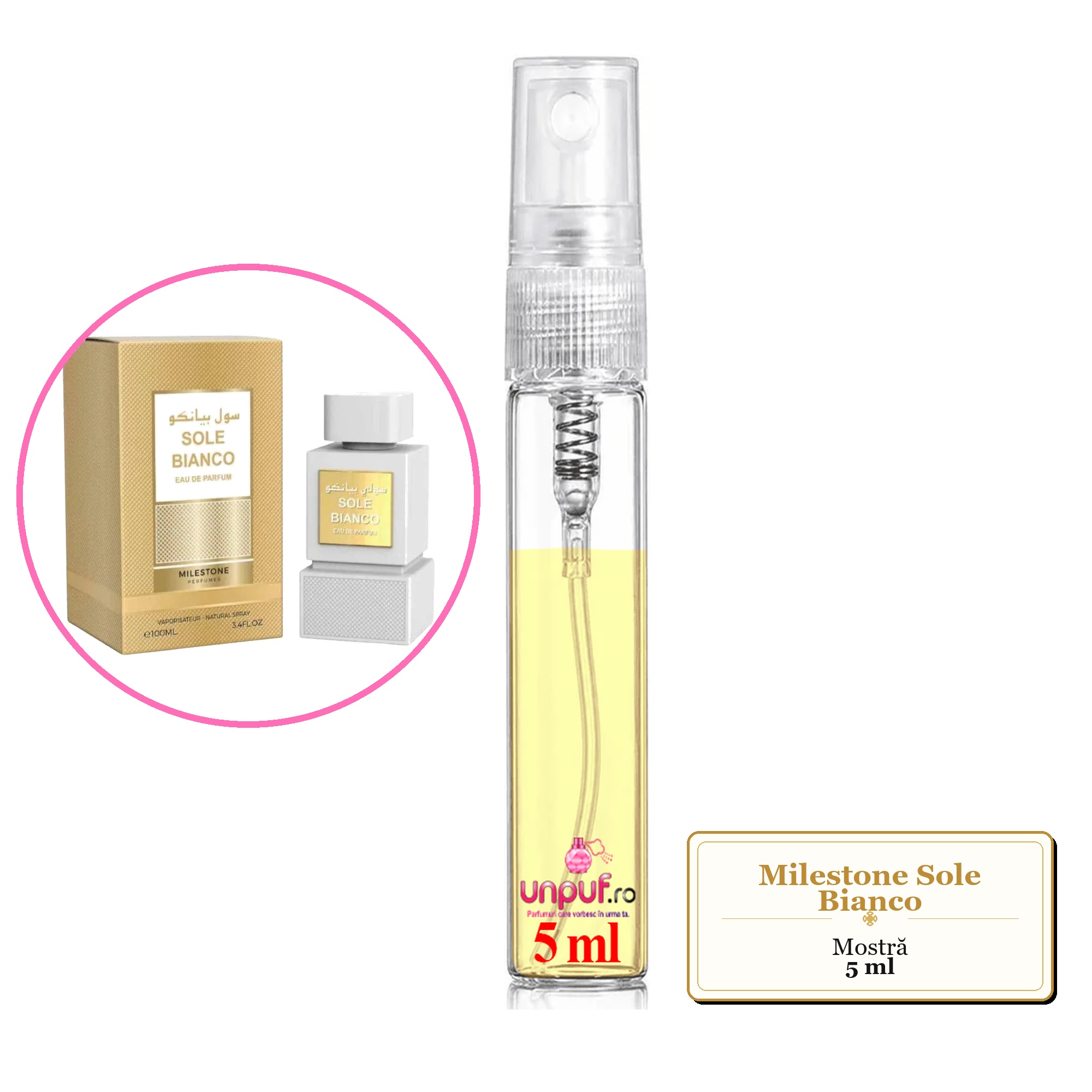 Mostra fiola din Parfumul Milestone Sole Bianco, decant sticla cu pulverizator