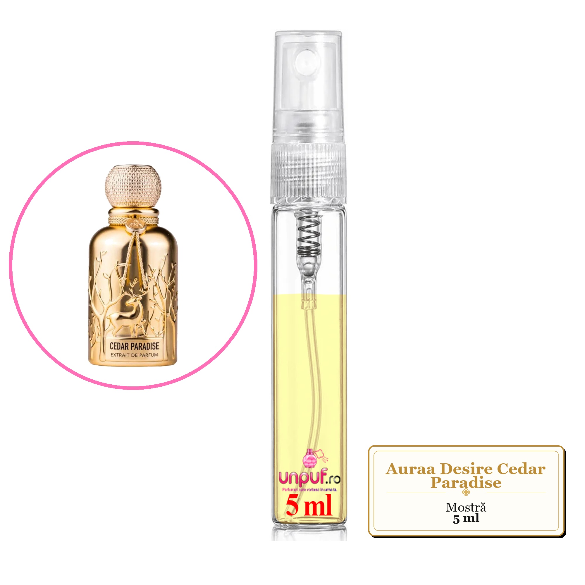 Mostra fiola din Parfumul Auraa Desire Cedar Paradise, decant sticla cu pulverizator