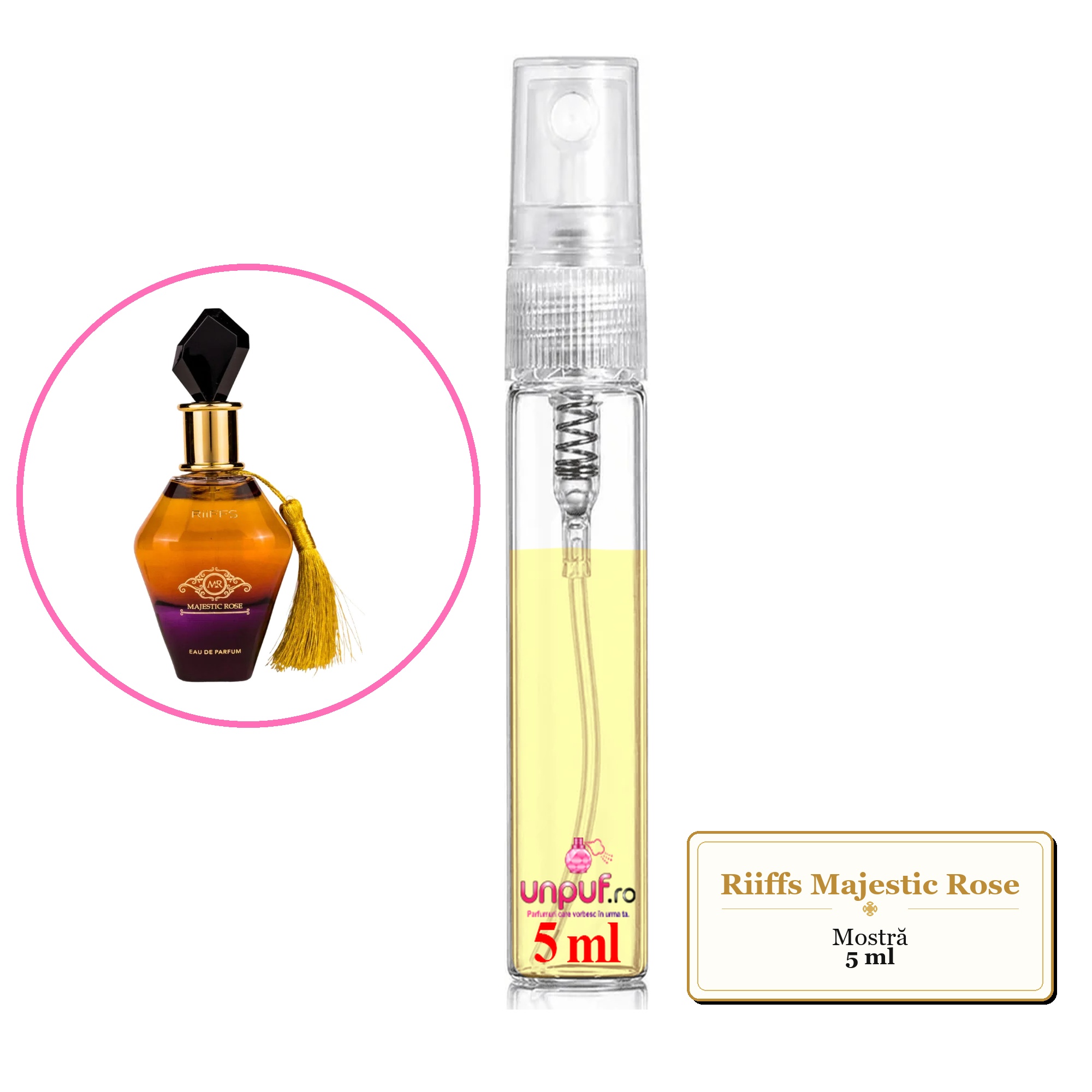 Mostra fiola din Parfumul Riiffs Majestic Rose, decant sticla cu pulverizator