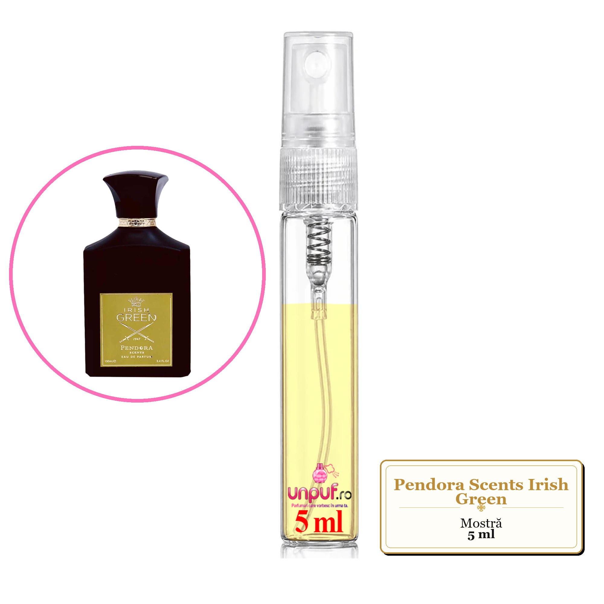 Mostra fiola din Parfumul Pendora Scents Irish Green, decant sticla cu pulverizator