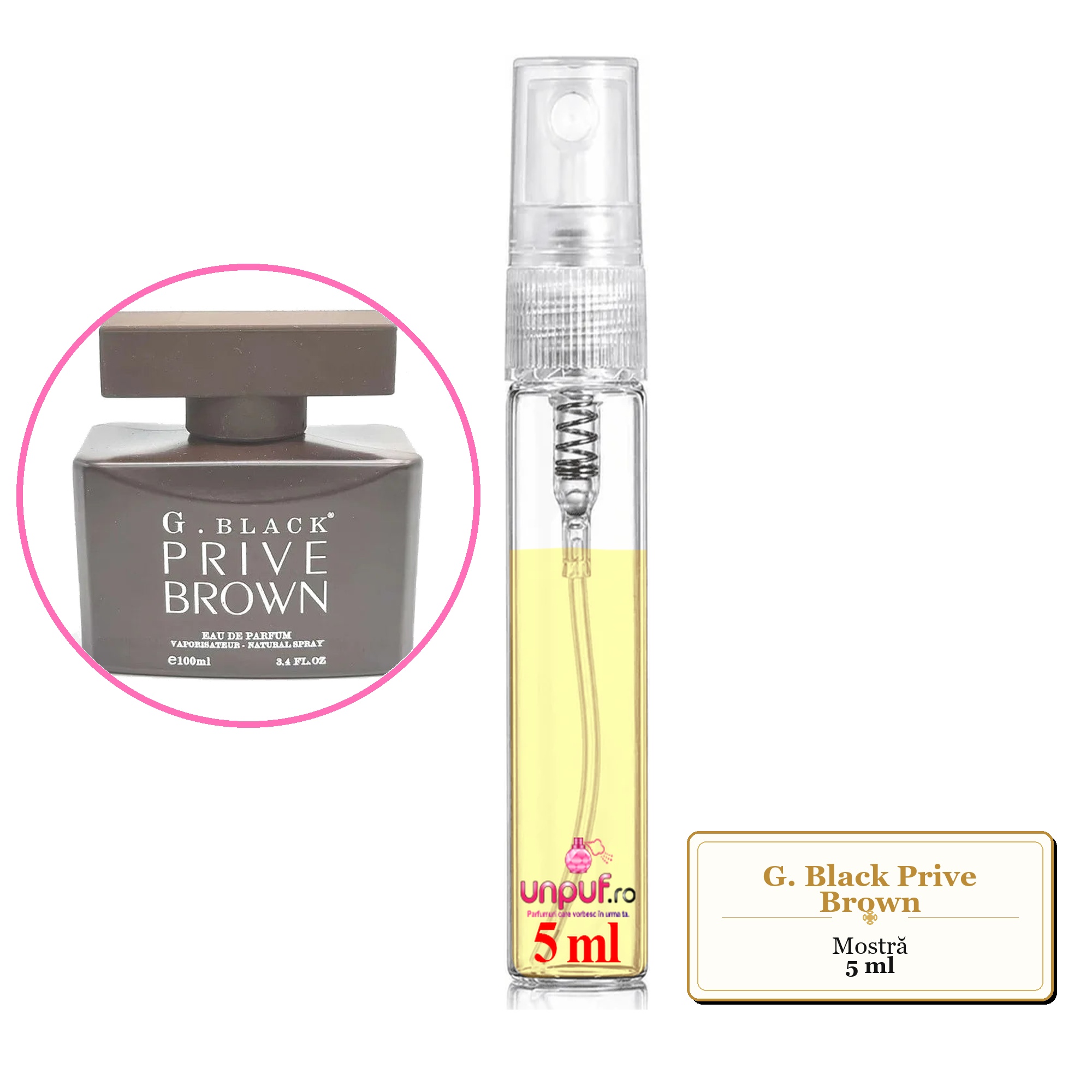 Mostra fiola din Parfumul G. Black Prive Brown, decant sticla cu pulverizator