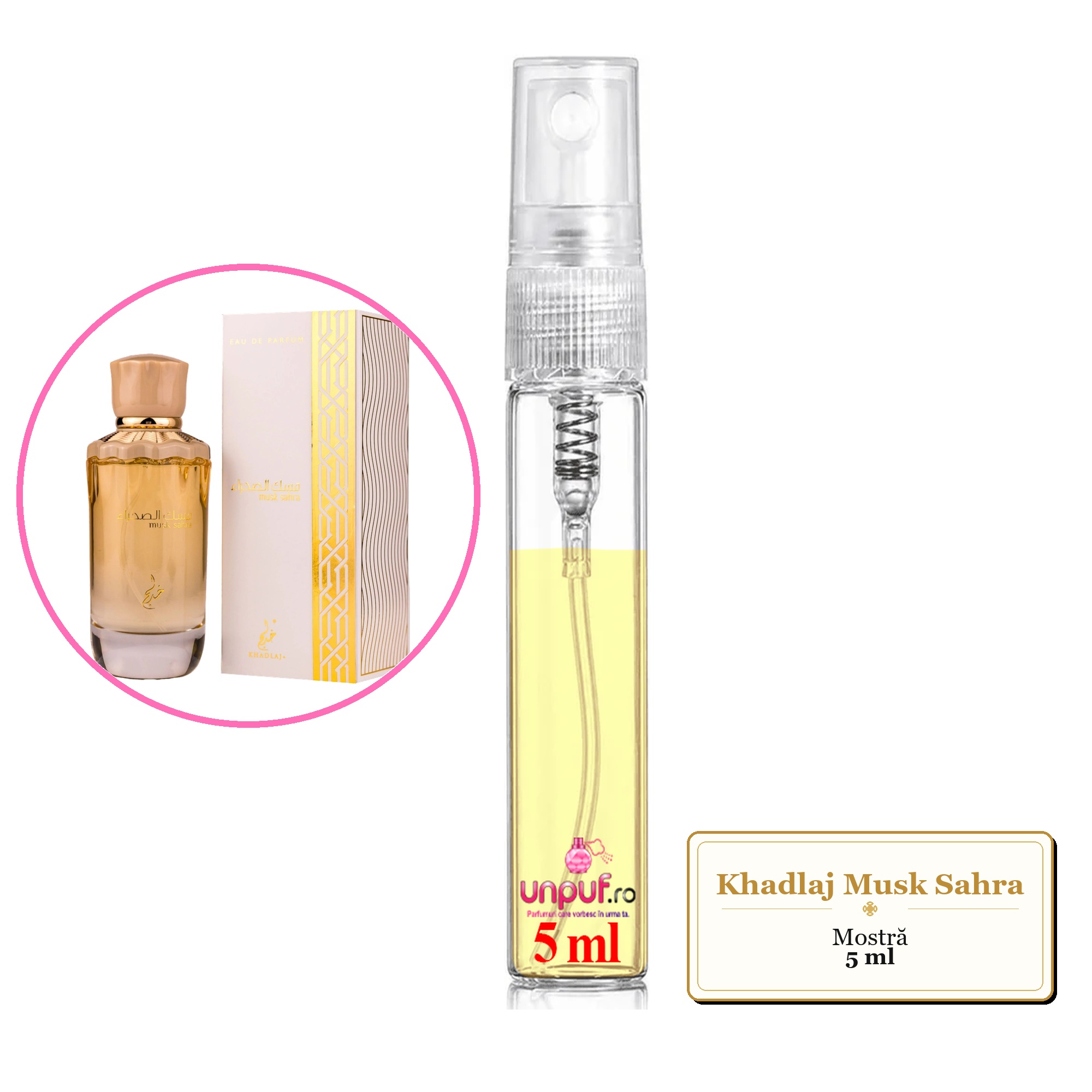 Mostra fiola din Parfumul Khadlaj Musk Sahra, decant sticla cu pulverizator