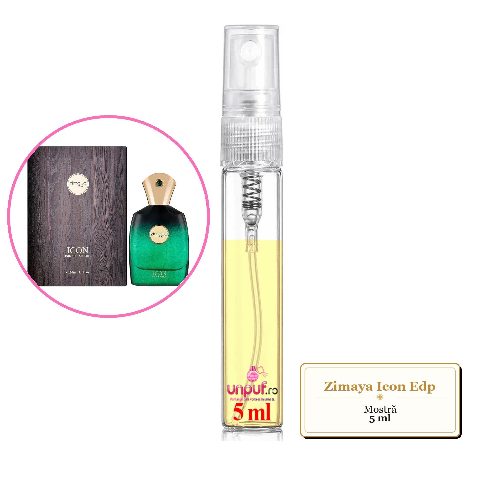 Mostra fiola din Parfumul Zimaya Icon Edp, decant sticla cu pulverizator