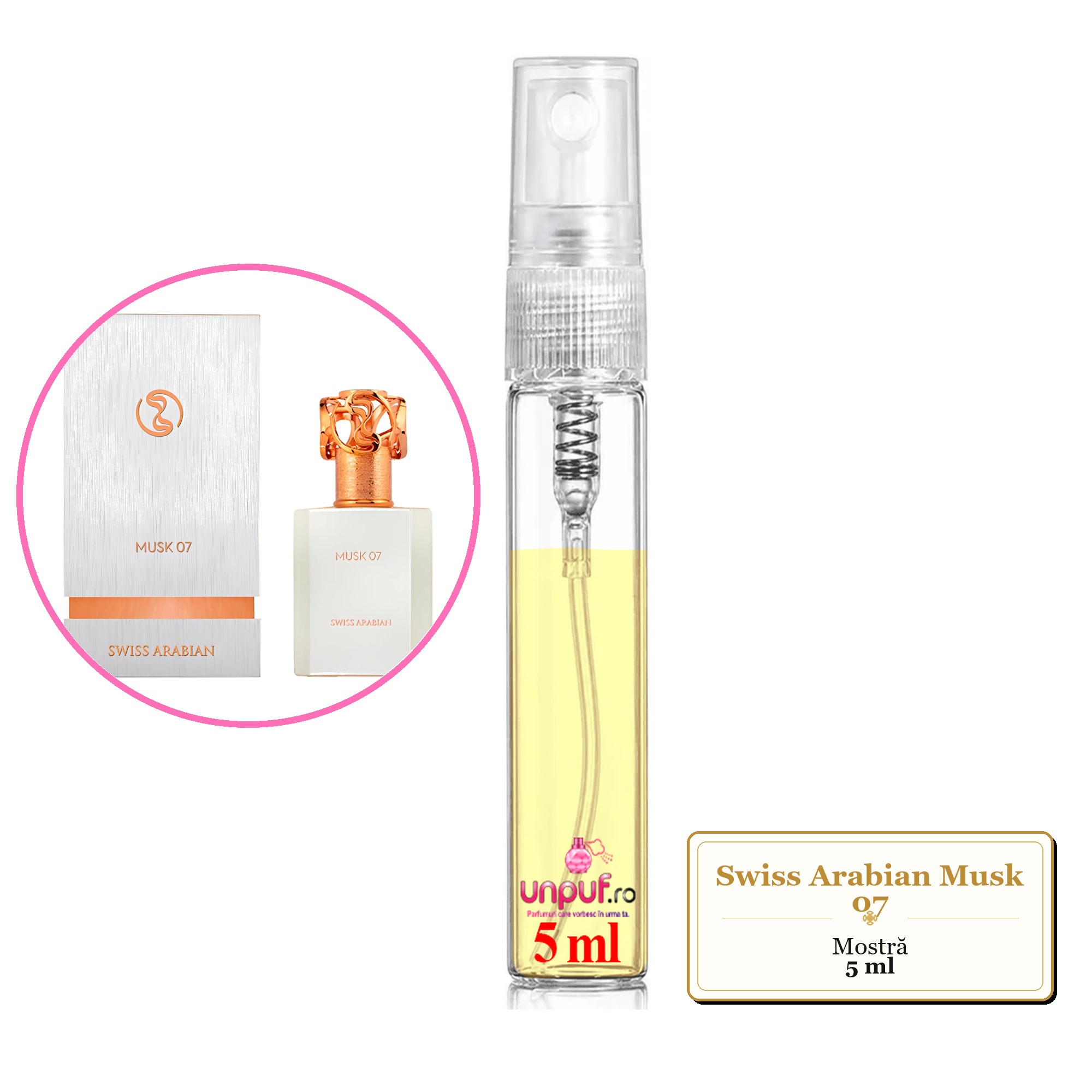 Mostra fiola din Parfumul Swiss Arabian Musk 07, decant sticla cu pulverizator 
