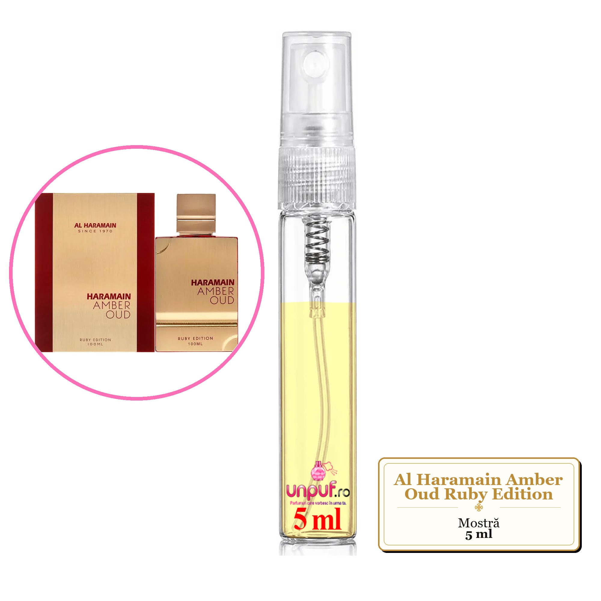 Mostra fiola din Parfumul Al Haramain Amber Oud Ruby Edition, decant sticla cu pulverizator