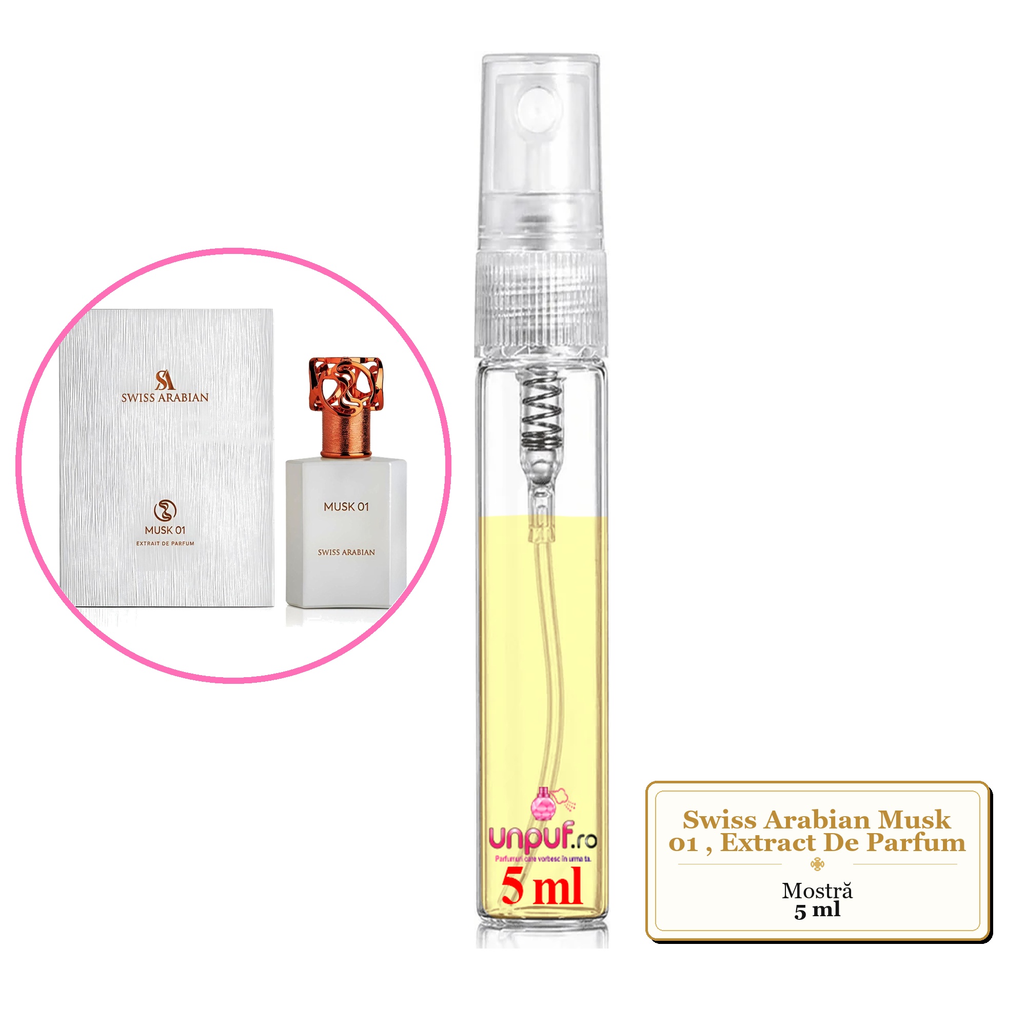 Mostra fiola din Parfumul Swiss Arabian Musk 01, Extract De Parfum, decant sticla cu pulverizator