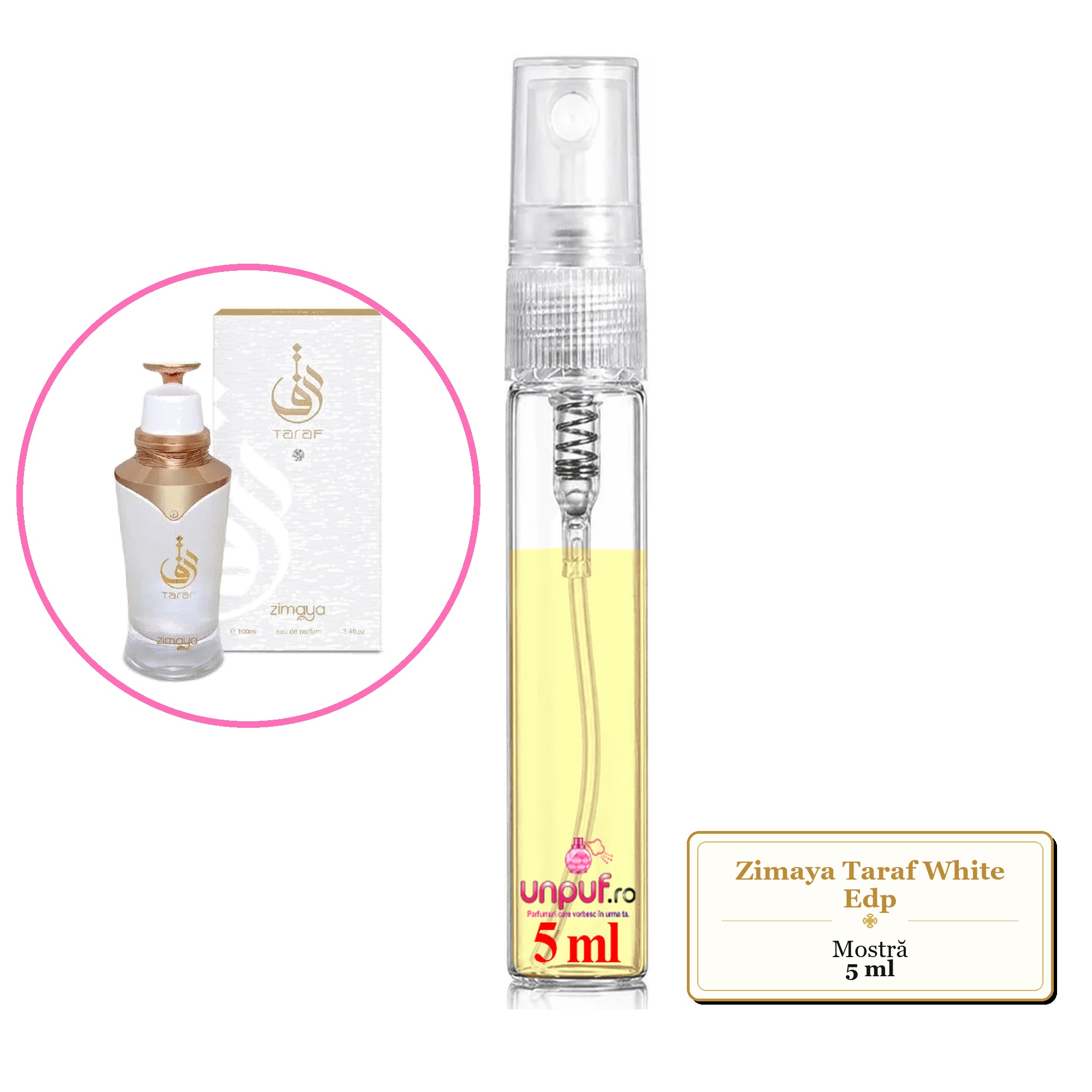 Mostra fiola din Parfumul Zimaya Taraf White Edp, decant sticla cu pulverizator
