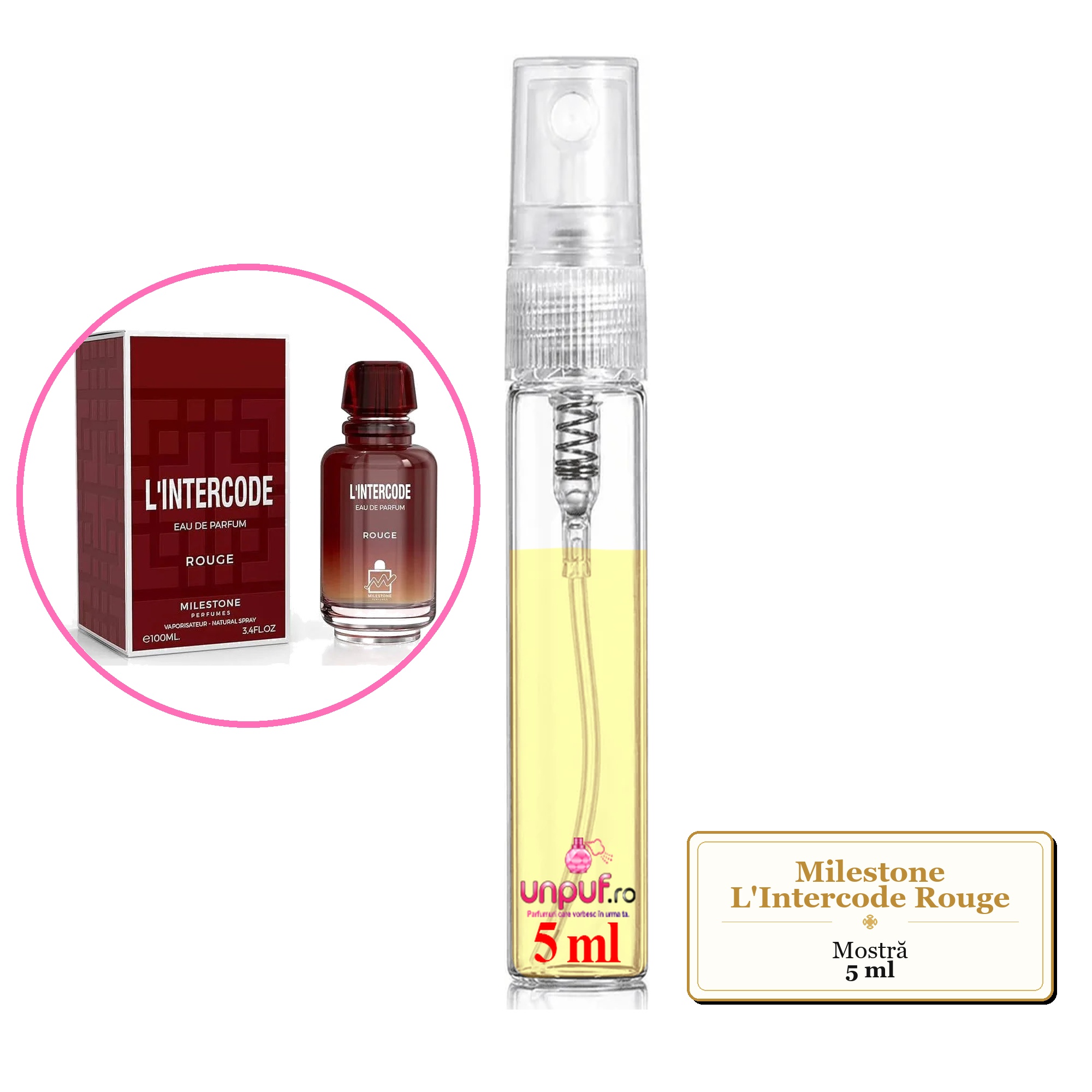 Mostra fiola din Parfumul Milestone L'Intercode Rouge, decant sticla cu pulverizator