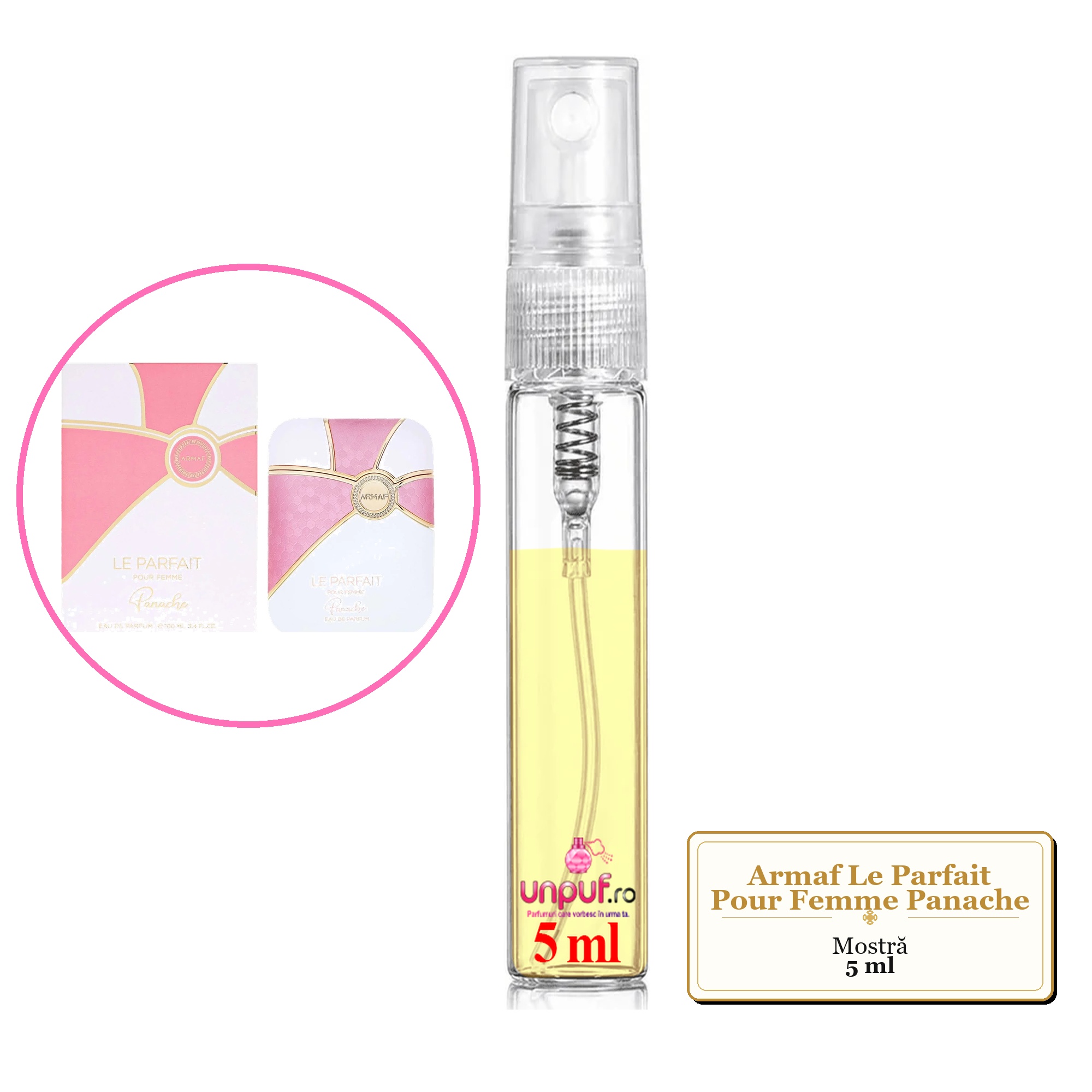 Mostra fiola din Parfumul Armaf Le Parfait Pour Femme Panache, decant sticla cu pulverizator 