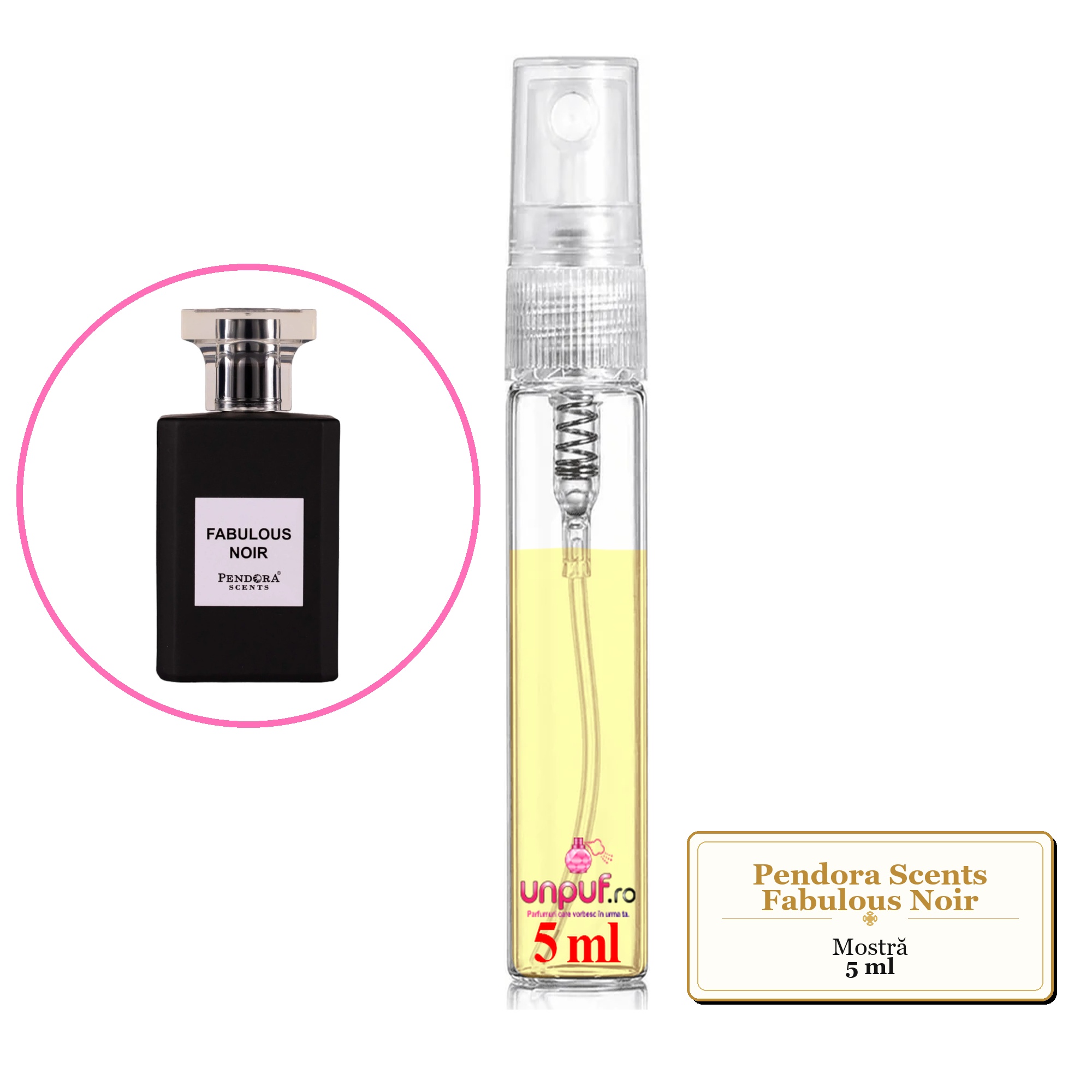 Mostra fiola din Parfumul Pendora Scents Fabulous Noir, decant sticla cu pulverizator