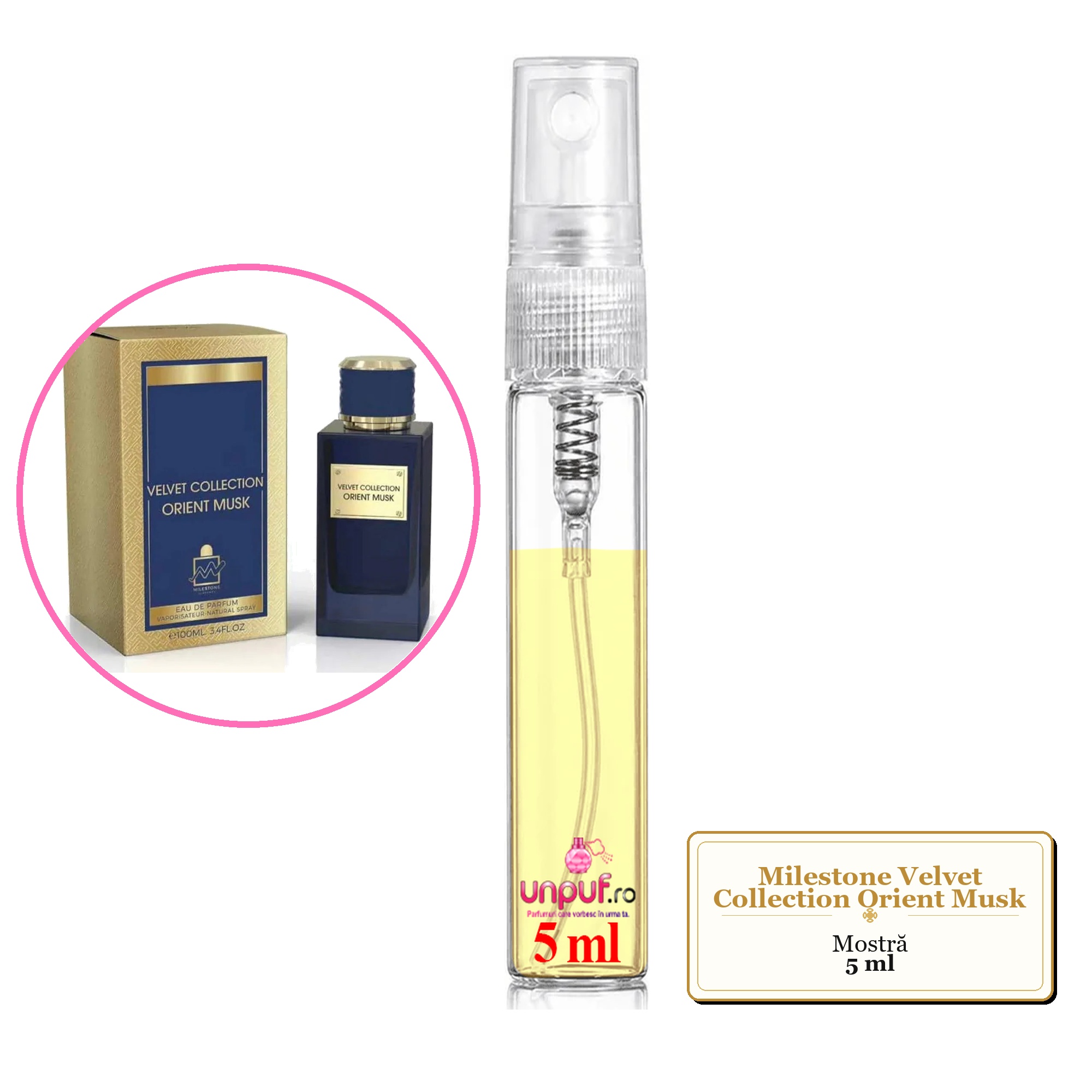 Mostra fiola din Parfumul Milestone Velvet Collection Orient Musk, decant sticla cu pulverizator