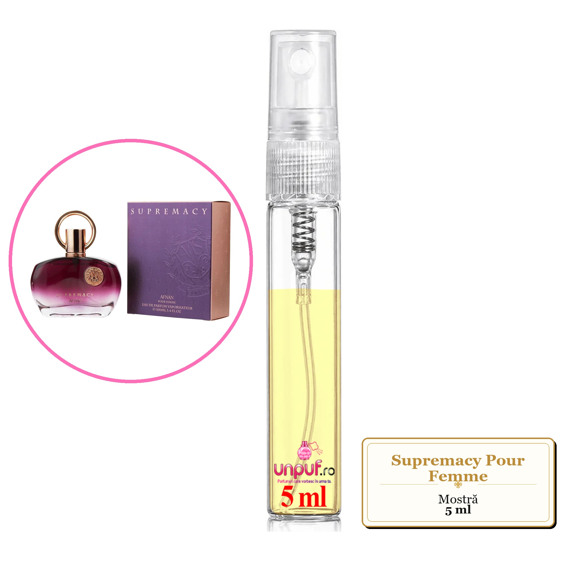 Mostra fiola din Parfumul Supremacy Pour Femme, decant sticla cu pulverizator