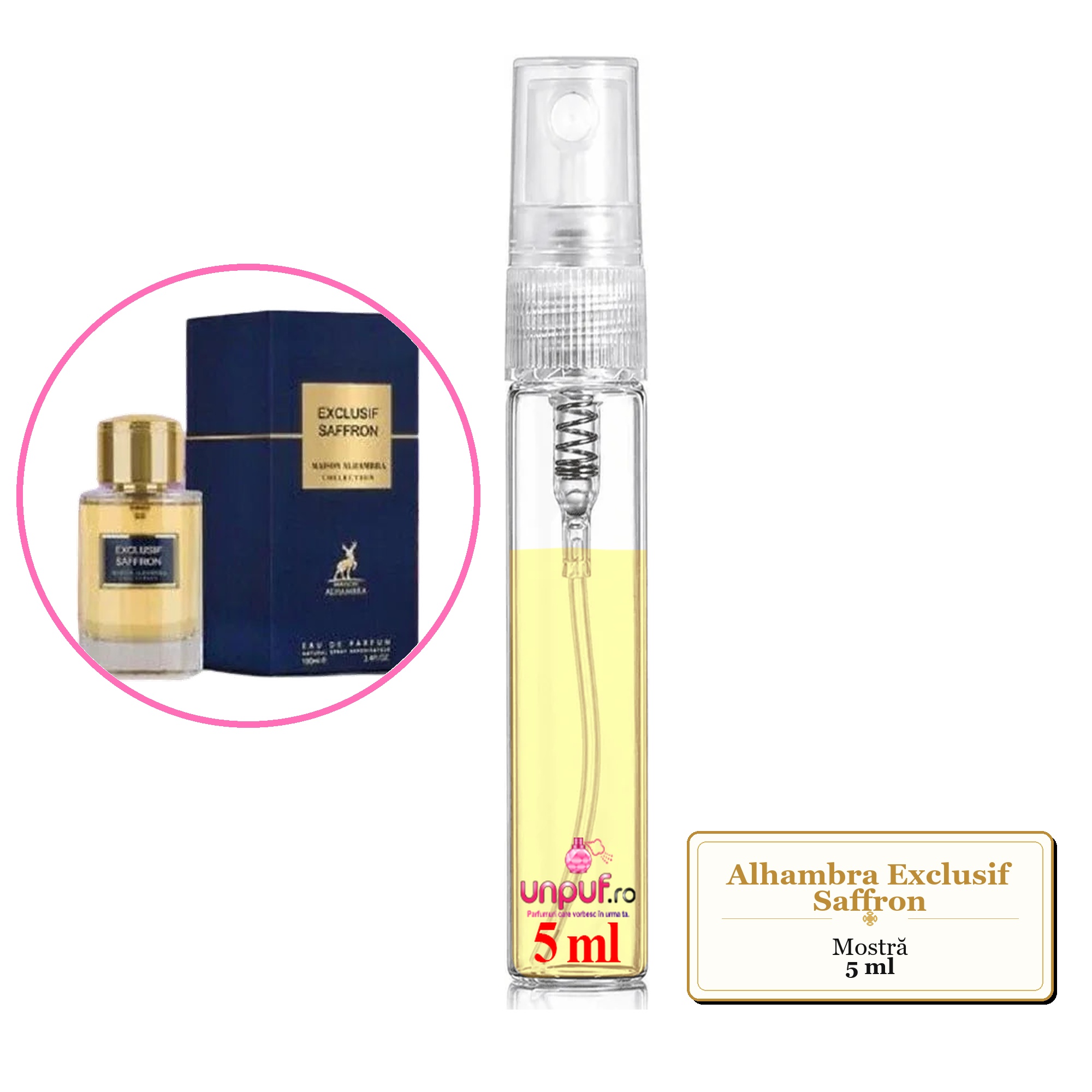 Mostra fiola din Parfumul Alhambra Exclusif Saffron, decant sticla cu pulverizator