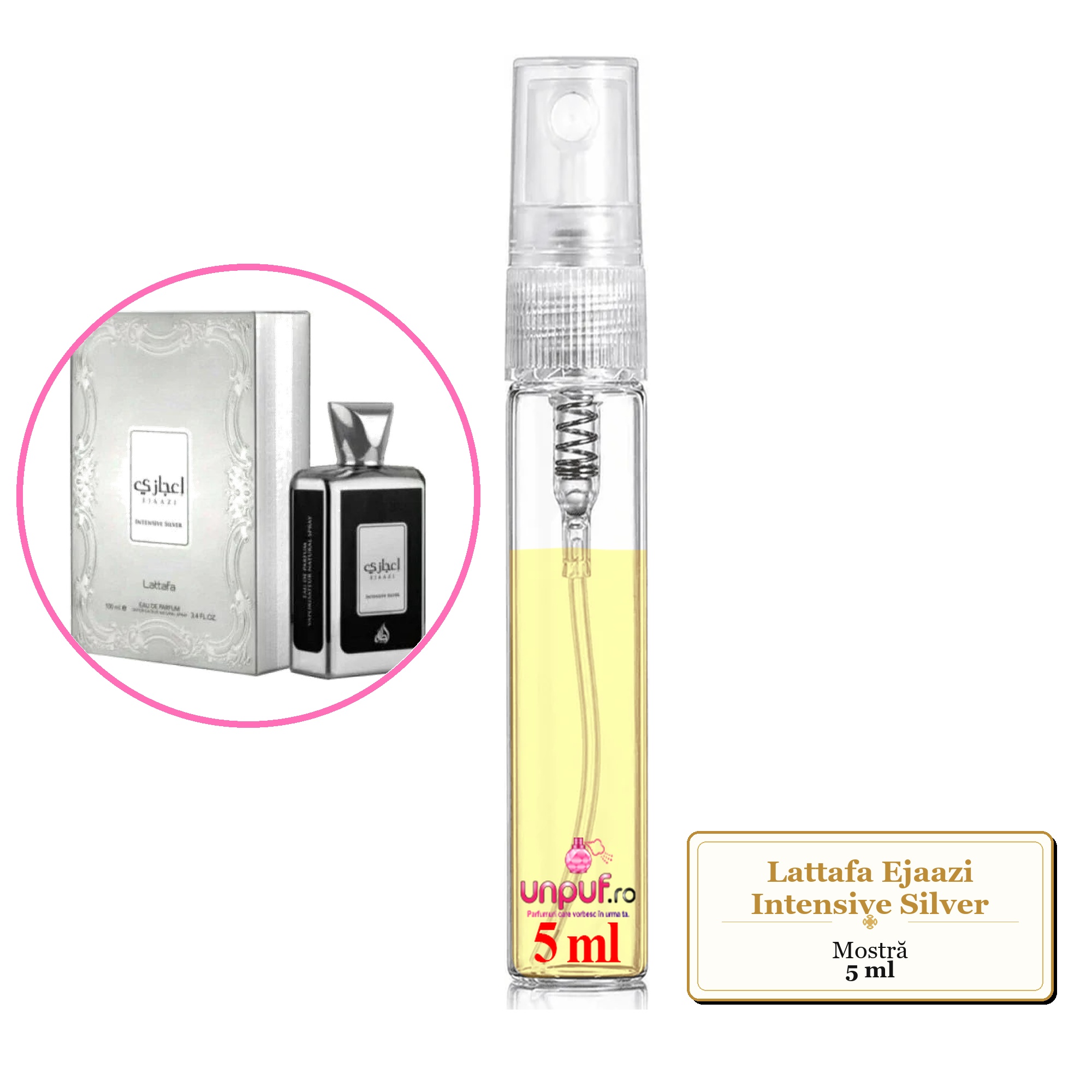 Mostra fiola din Parfumul Lattafa Ejaazi Intensive Silver, decant sticla cu pulverizator