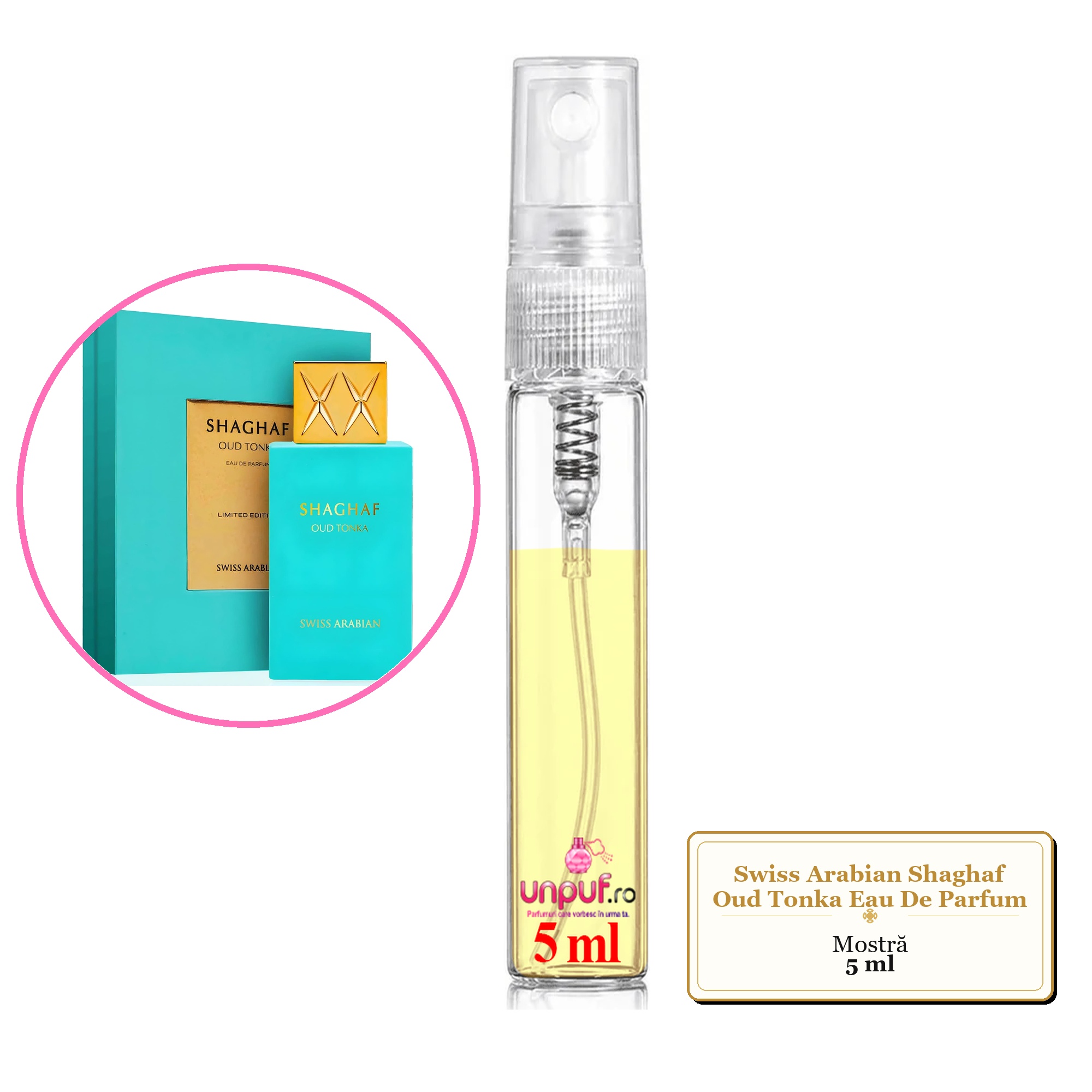 Mostra fiola din Parfumul Swiss Arabian Shaghaf Oud Tonka Eau De Parfum, decant sticla cu pulverizator