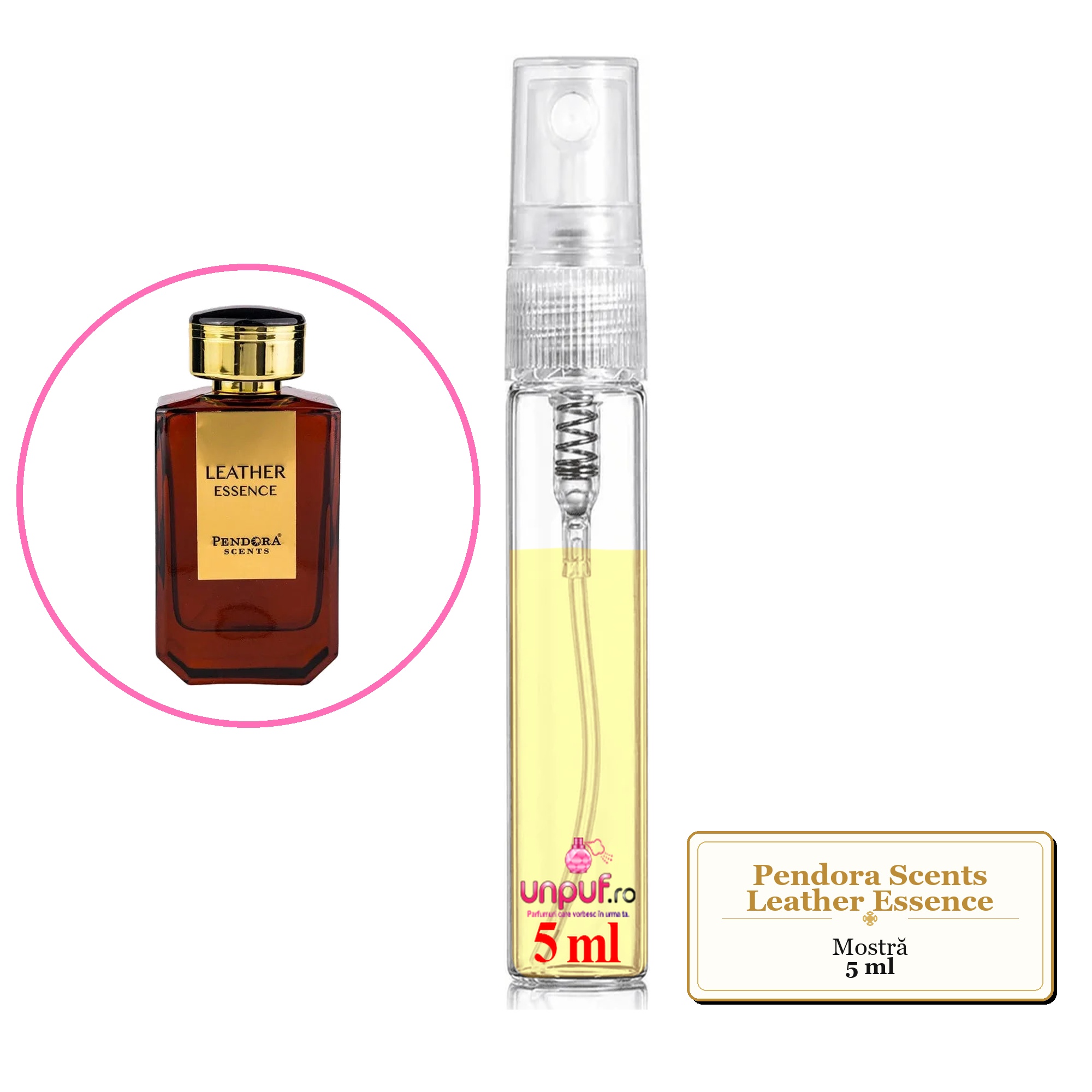 Mostra fiola din Parfumul Pendora Scents Leather Essence, decant sticla cu pulverizator