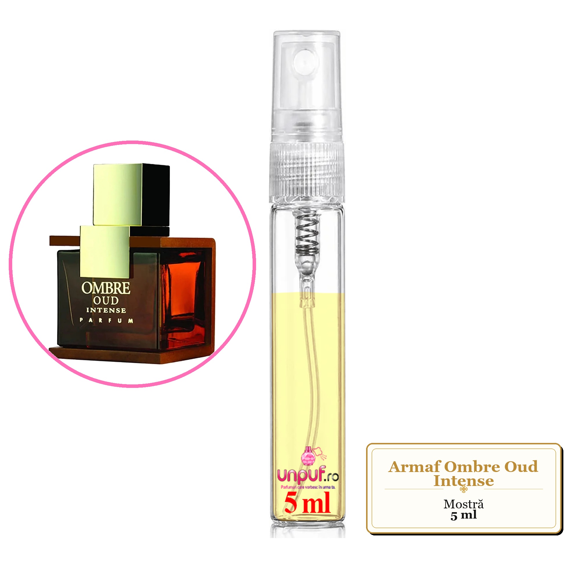 Mostra fiola din Parfumul Armaf Ombre Oud Intense, decant sticla cu pulverizator