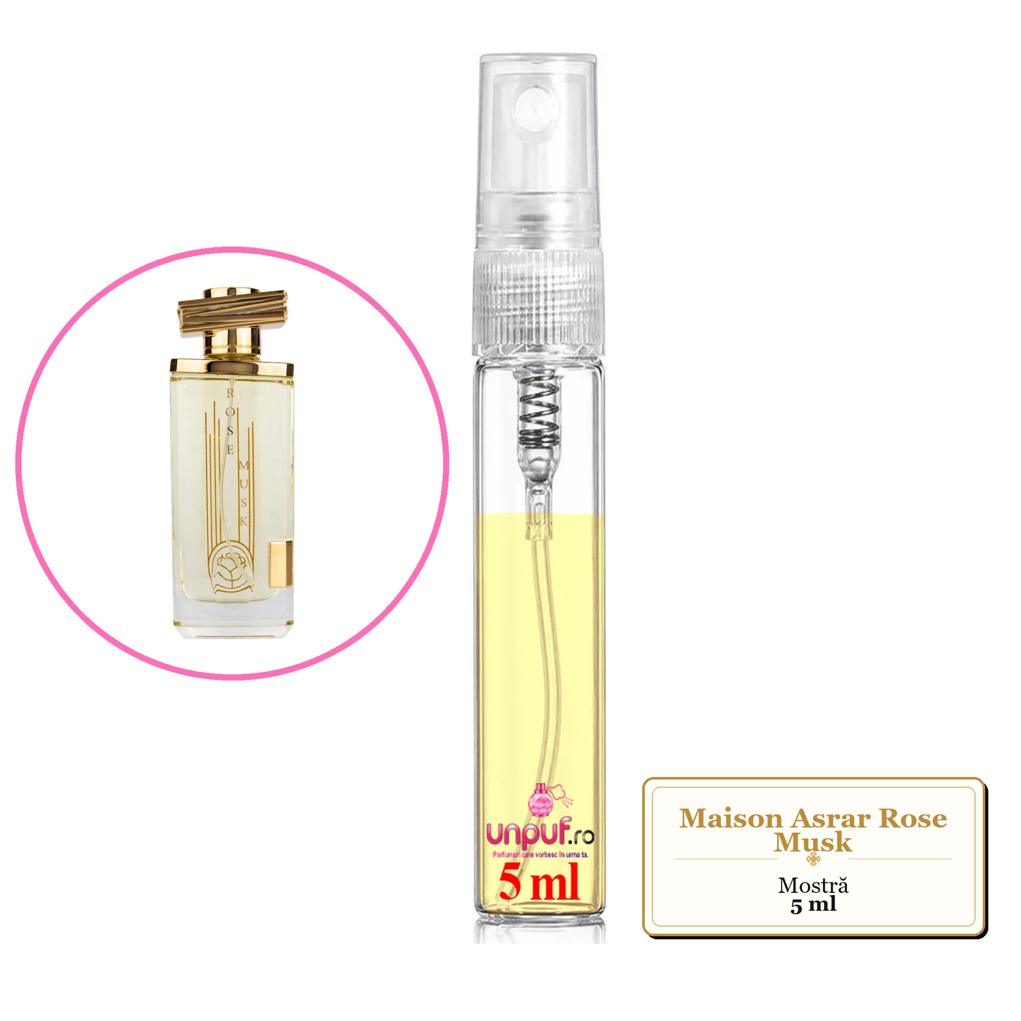 Mostra fiola din Parfumul Maison Asrar Rose Musk, decant sticla cu pulverizator