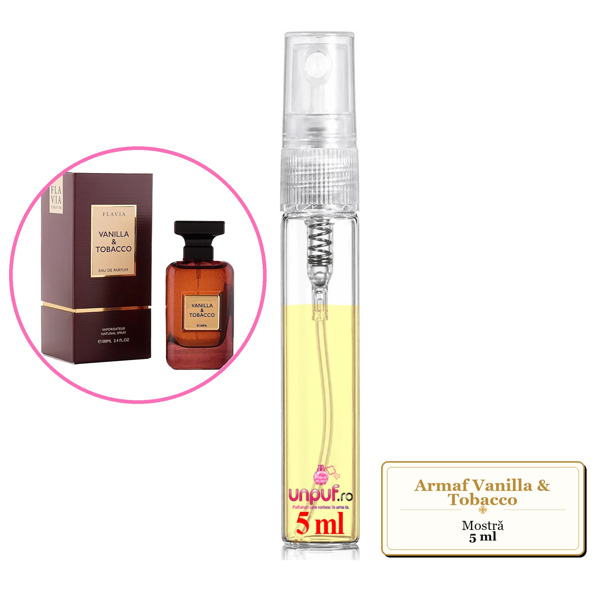 Mostra fiola din Parfumul Armaf Vanilla & Tobacco, decant sticla cu pulverizator