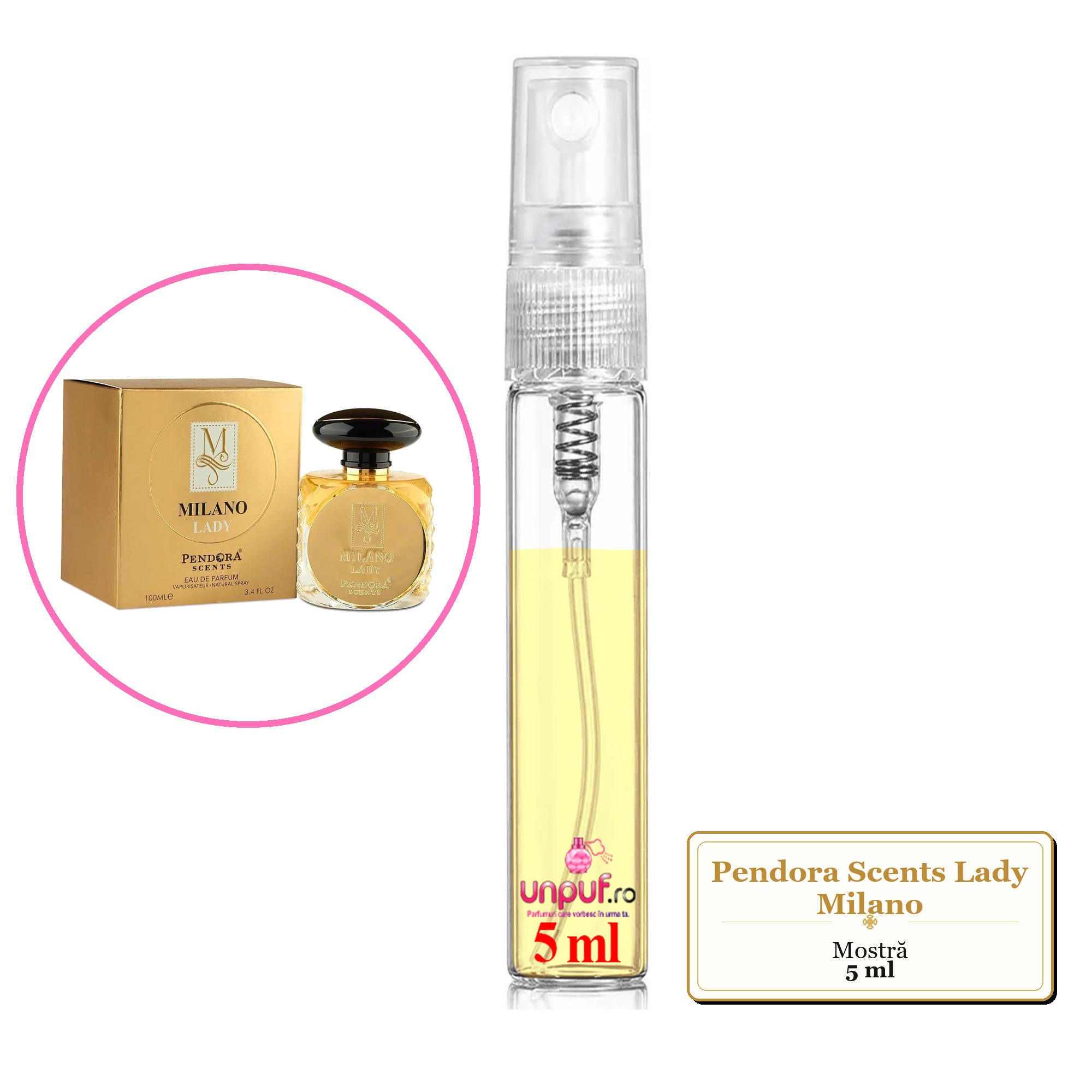 Mostra fiola din Parfumul Pendora Scents Lady Milano, decant sticla cu pulverizator