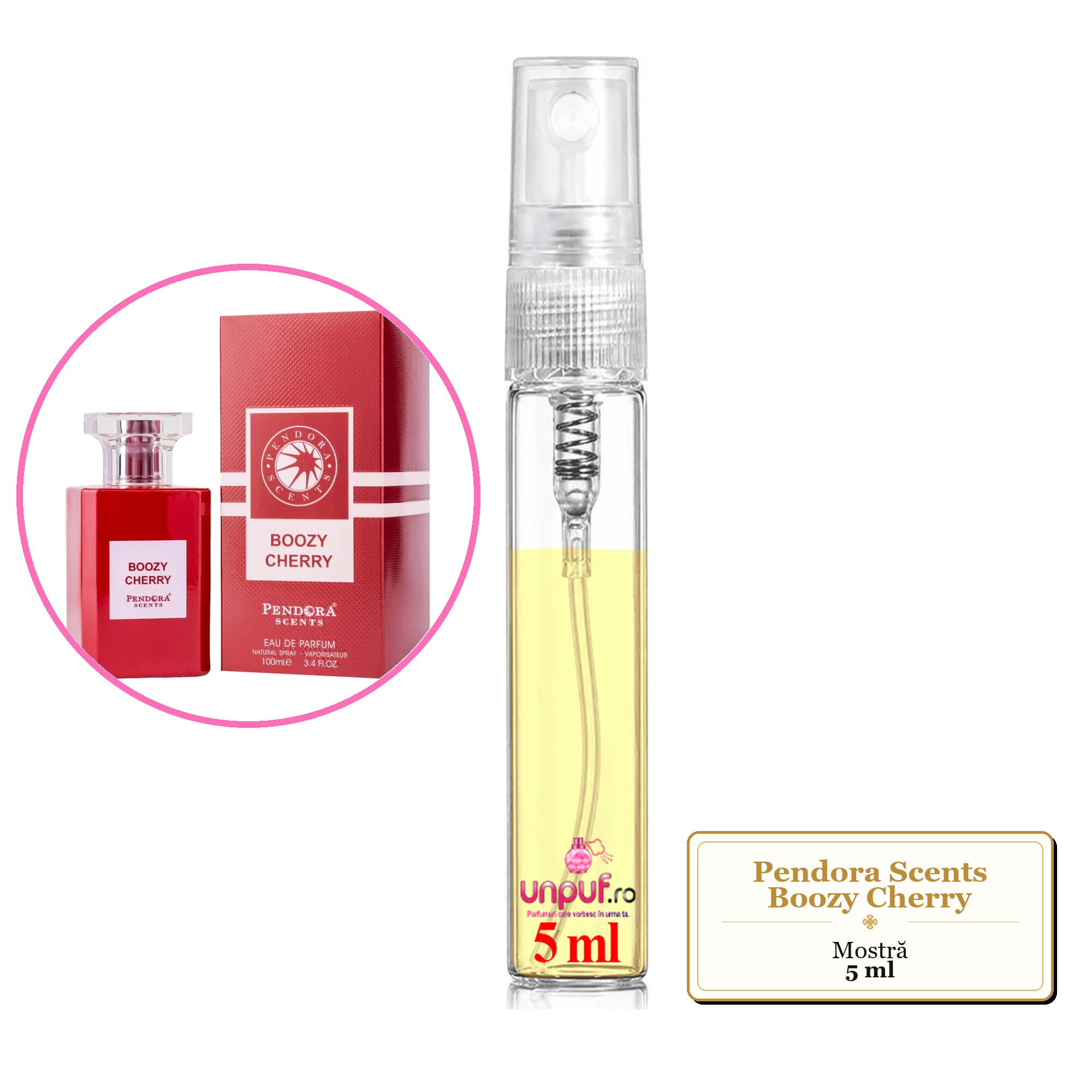 Mostra fiola din Parfumul Pendora Scents Boozy Cherry, decant sticla cu pulverizator