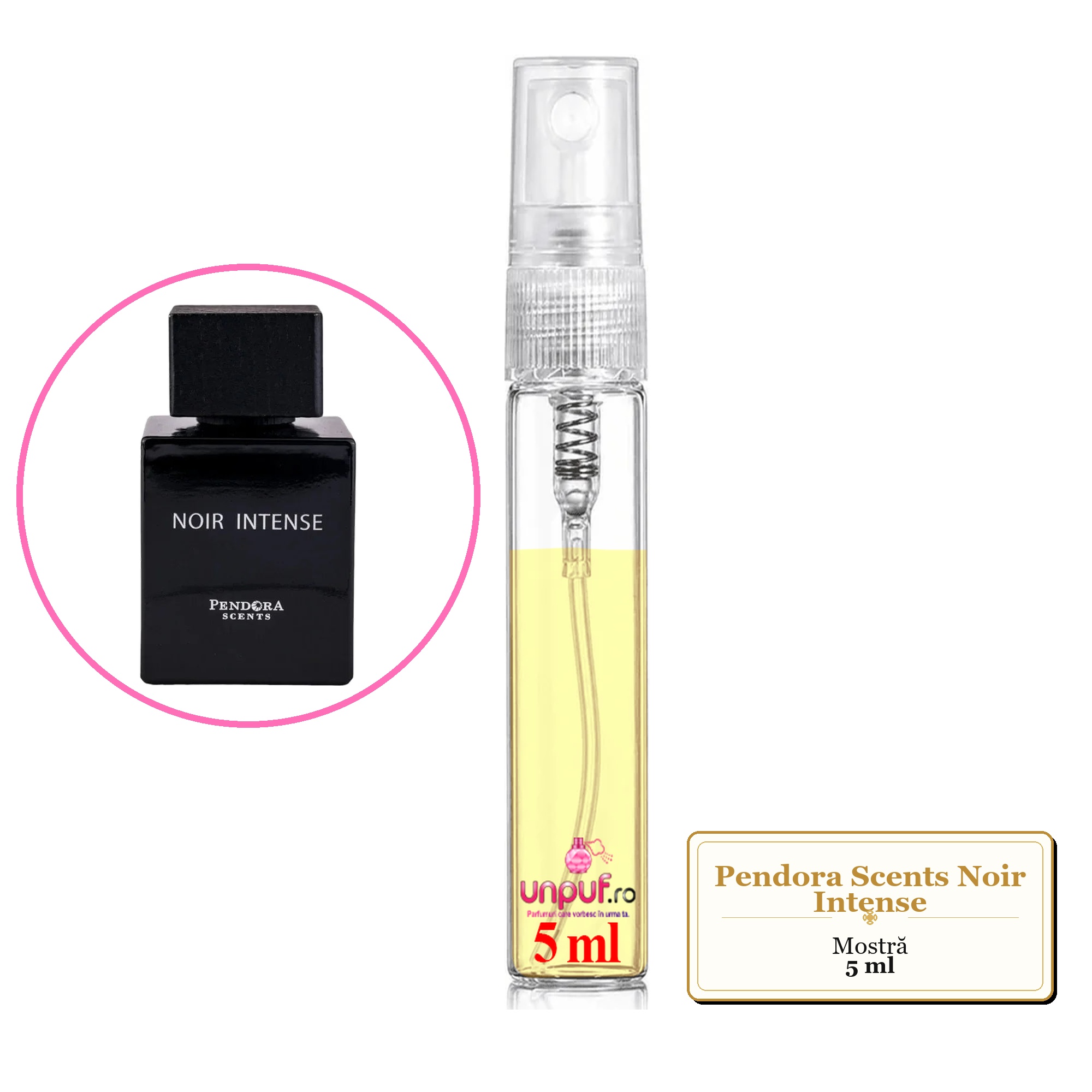 Mostra fiola din Parfumul Pendora Scents Noir Intense, decant sticla cu pulverizator