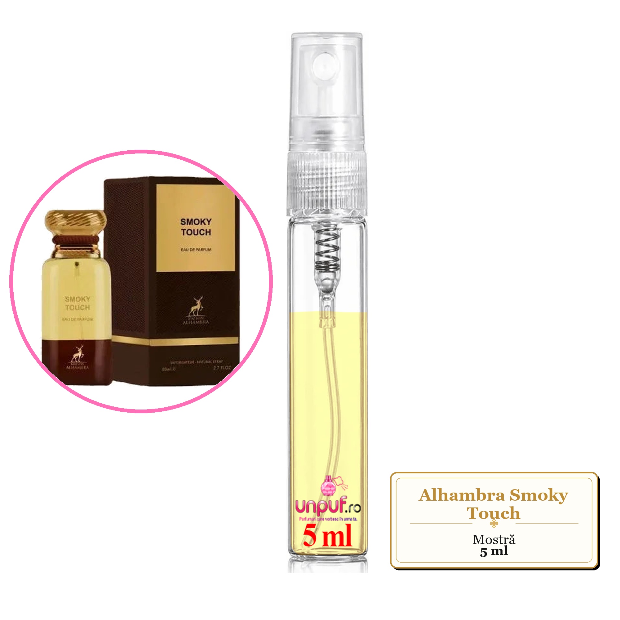 Mostra fiola din Parfumul Alhambra Smoky Touch, decant sticla cu pulverizator