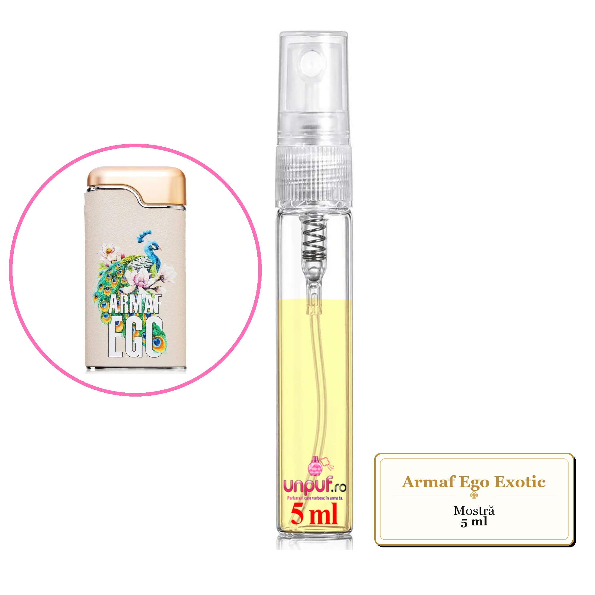 Mostra fiola din Parfumul Armaf Ego Exotic, decant sticla cu pulverizator