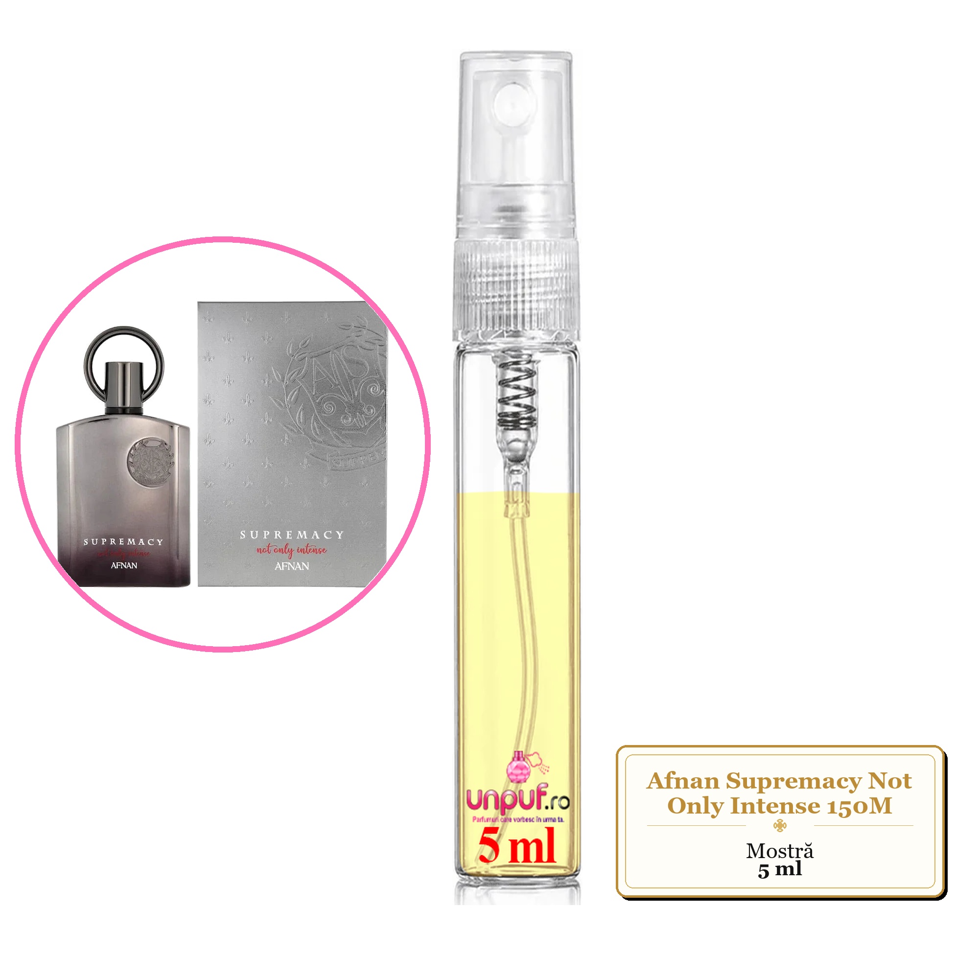 Mostra fiola din Parfumul Afnan Supremacy Not Only Intense 150M, decant sticla cu pulverizator 