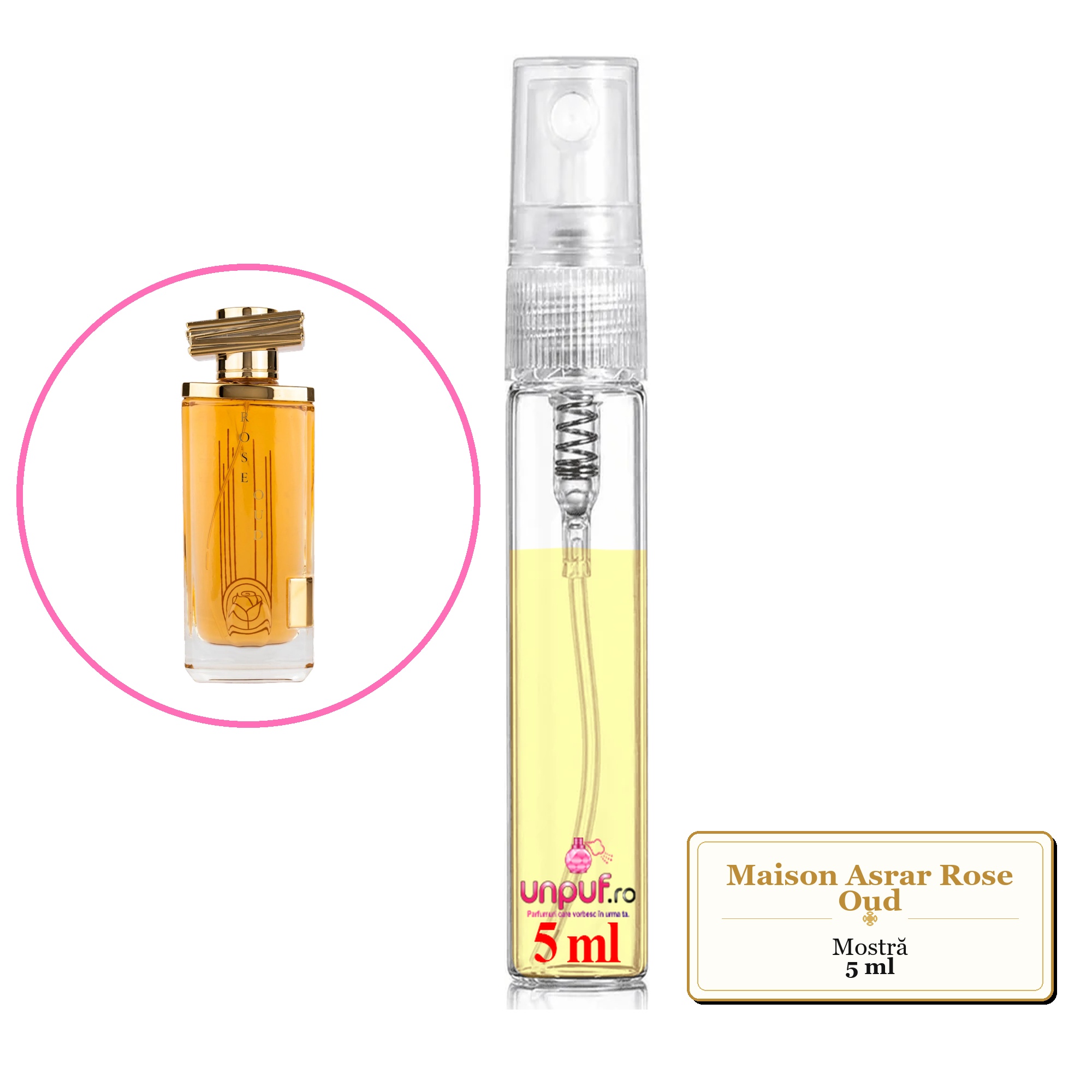 Mostra fiola din Parfumul Maison Asrar Rose Oud, decant sticla cu pulverizator