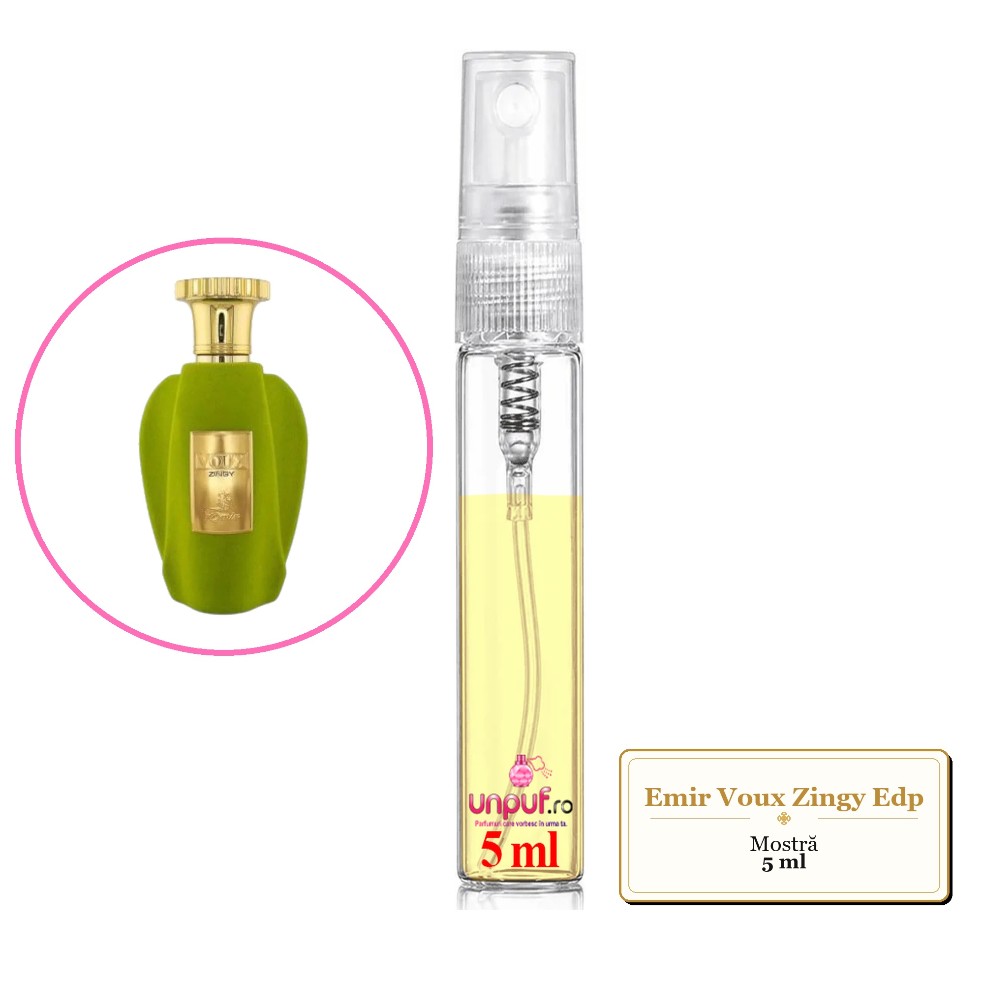 Mostra fiola din Parfumul Emir Voux Zingy Edp, decant sticla cu pulverizator 