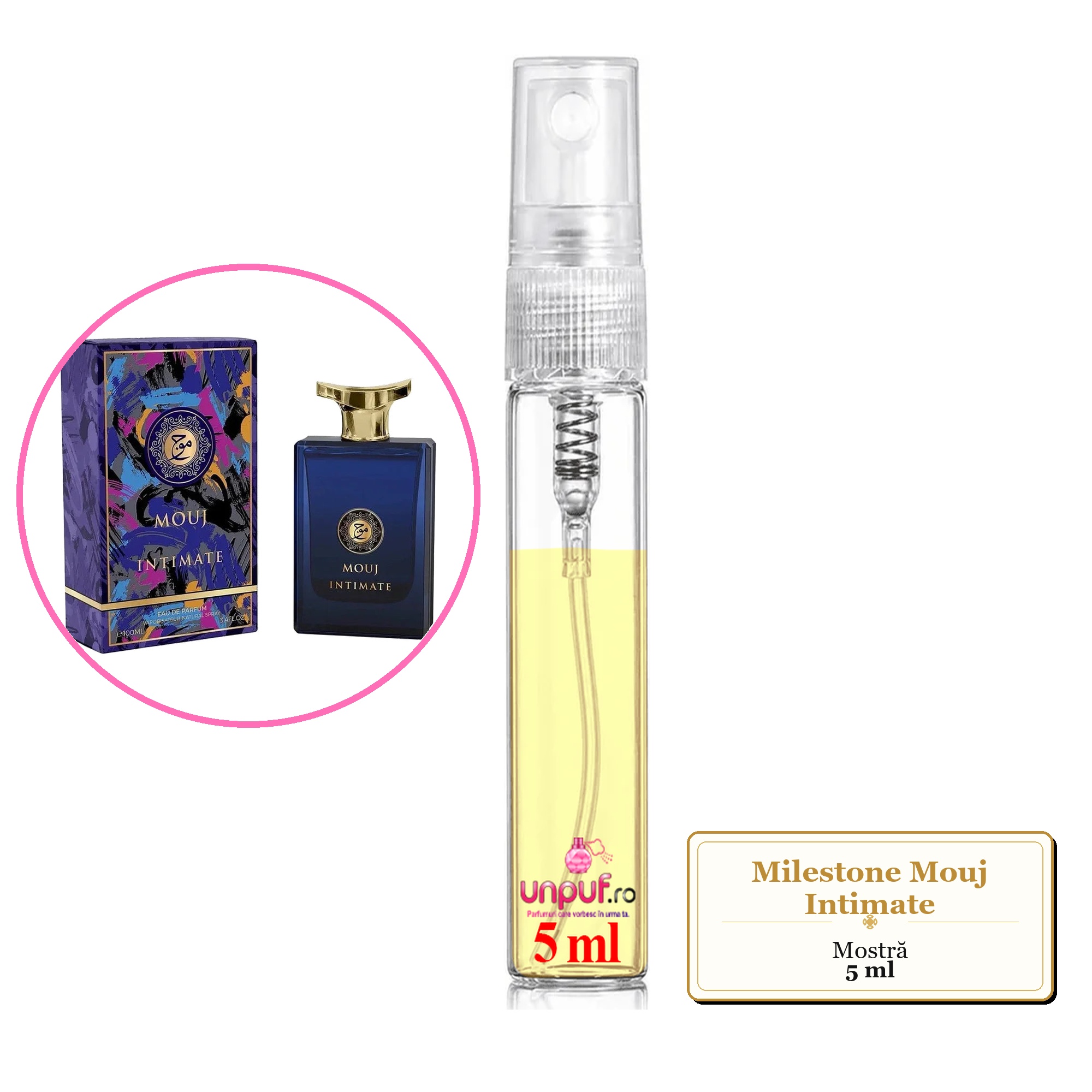 Mostra fiola din Parfumul Milestone Mouj Intimate, decant sticla cu pulverizator