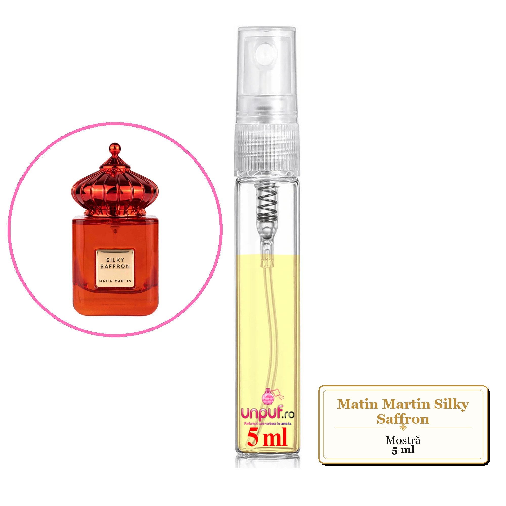 Mostra fiola din Parfumul Matin Martin Silky Saffron, decant sticla cu pulverizator 