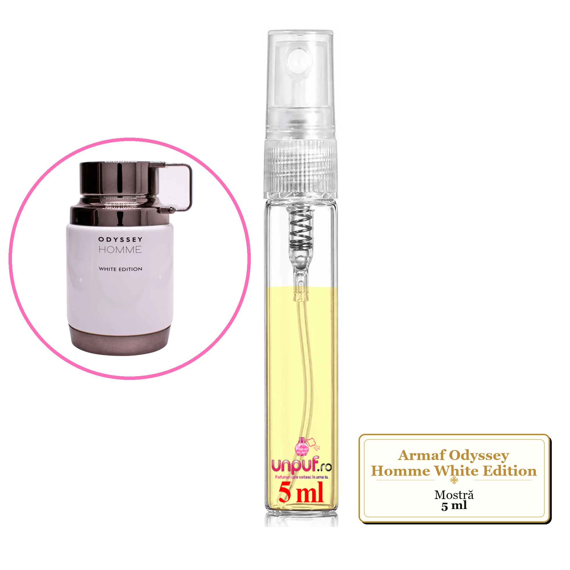 Mostra fiola din Parfumul Armaf Odyssey Homme White Edition, decant sticla cu pulverizator 