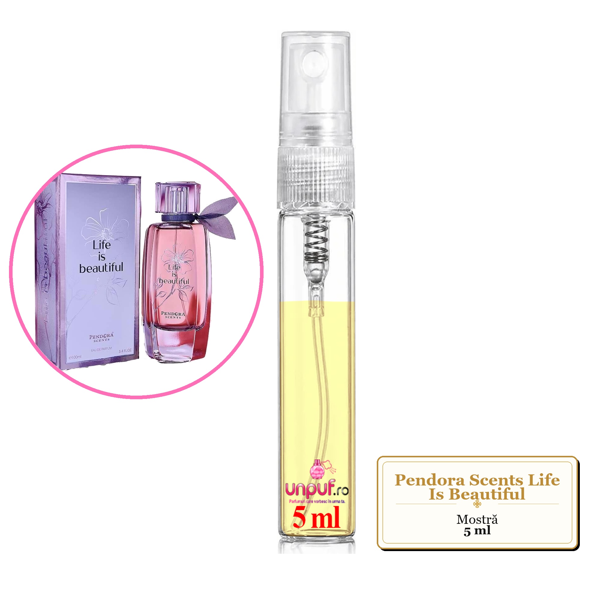 Mostra fiola din Parfumul Pendora Scents Life Is Beautiful, decant sticla cu pulverizator 