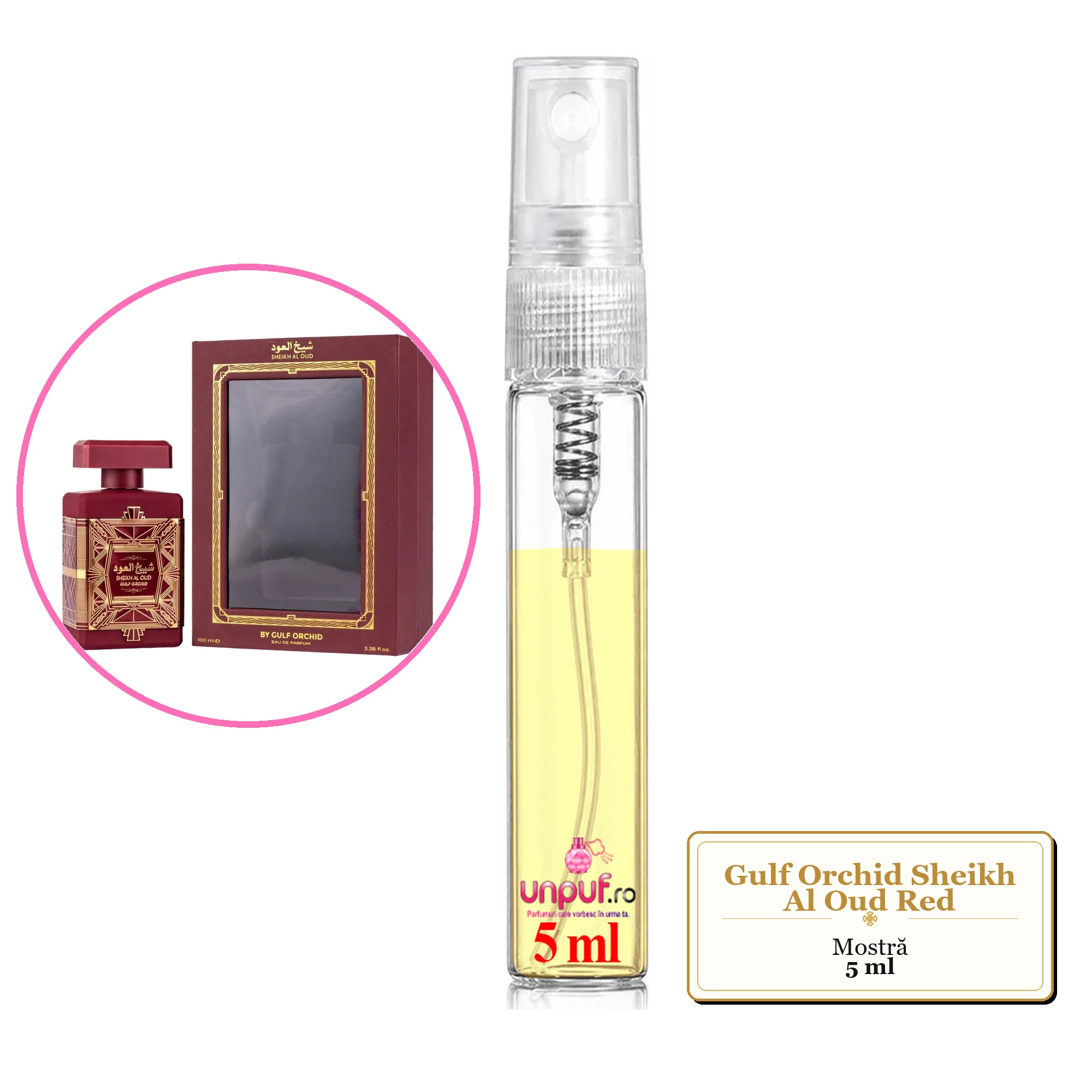 Mostra fiola din Parfumul Gulf Orchid Sheikh Al Oud Red, decant sticla cu pulverizator