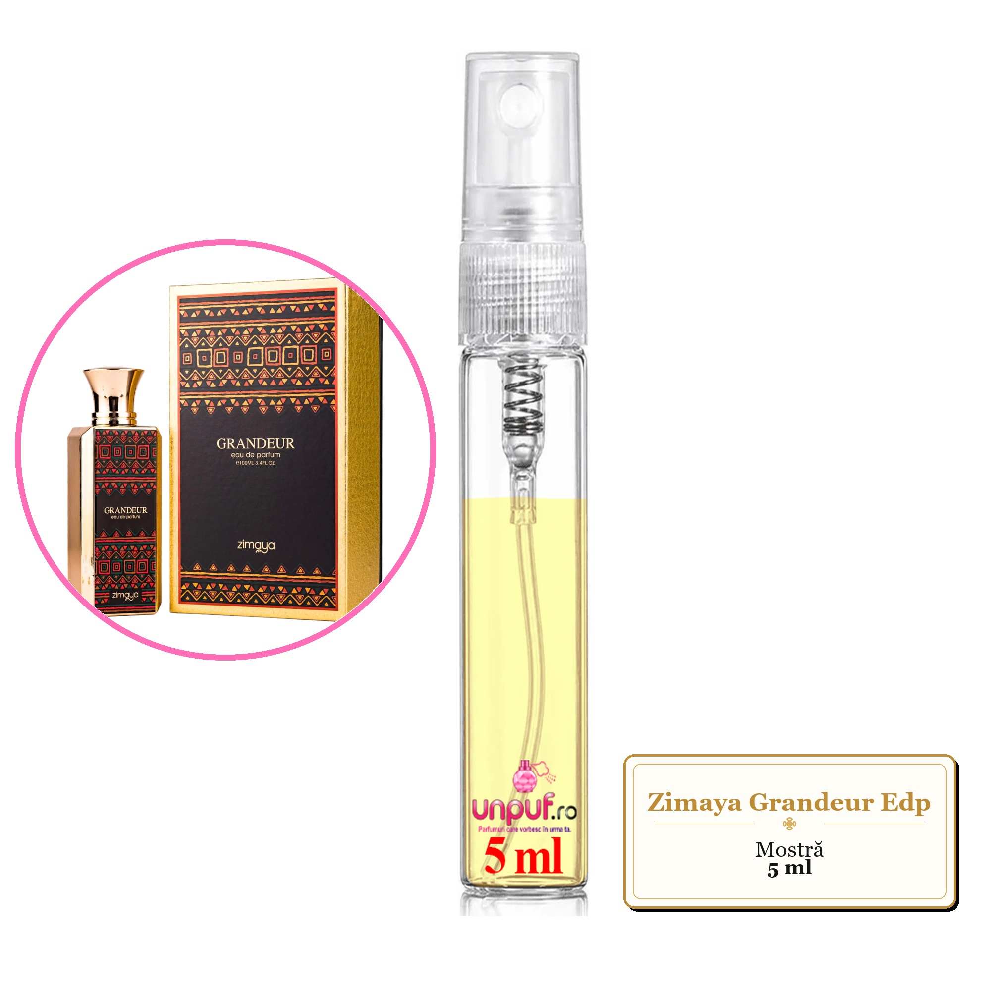 Mostra fiola din Parfumul Zimaya Grandeur Edp, decant sticla cu pulverizator 