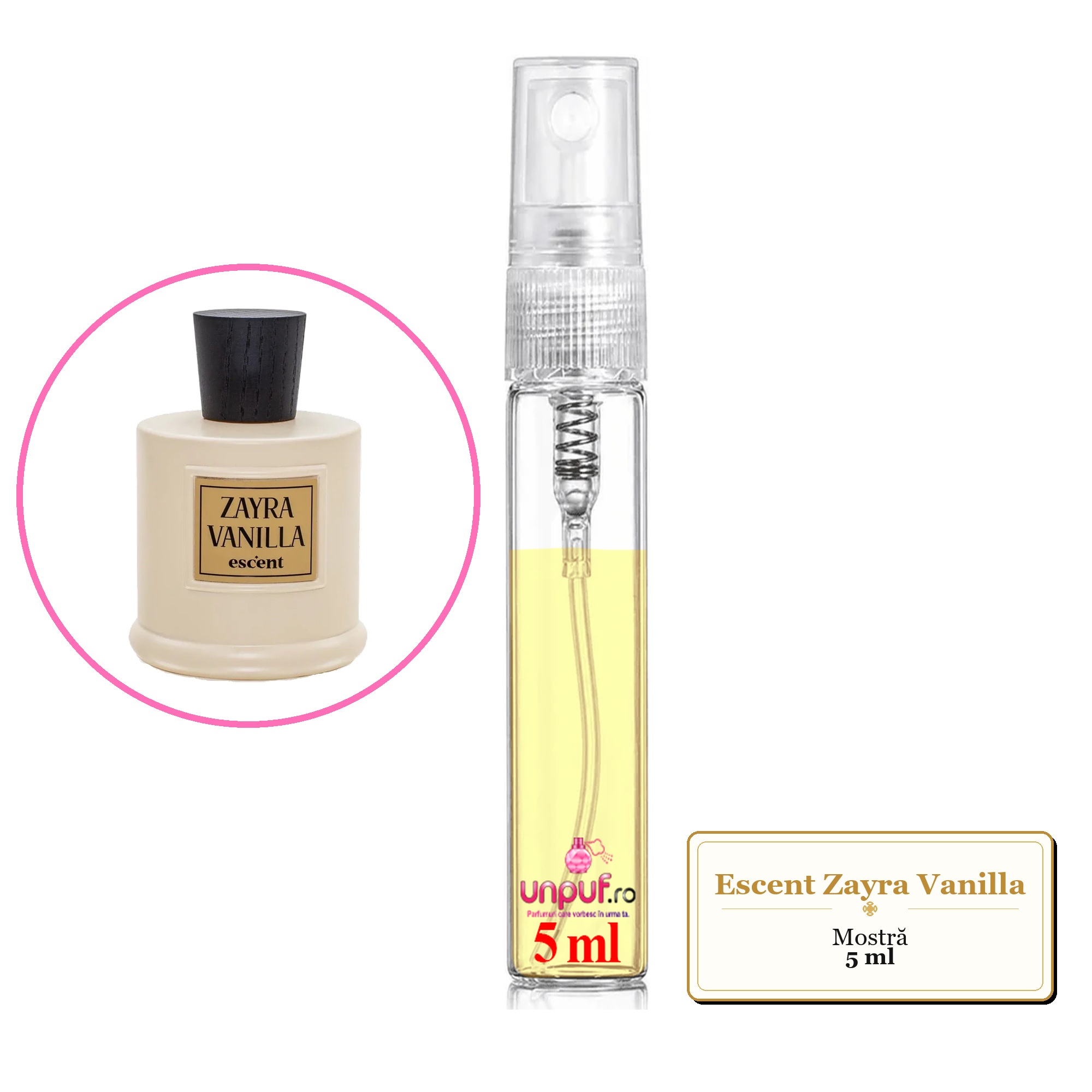 Mostra fiola din Parfumul Escent Zayra Vanilla, decant sticla cu pulverizator 