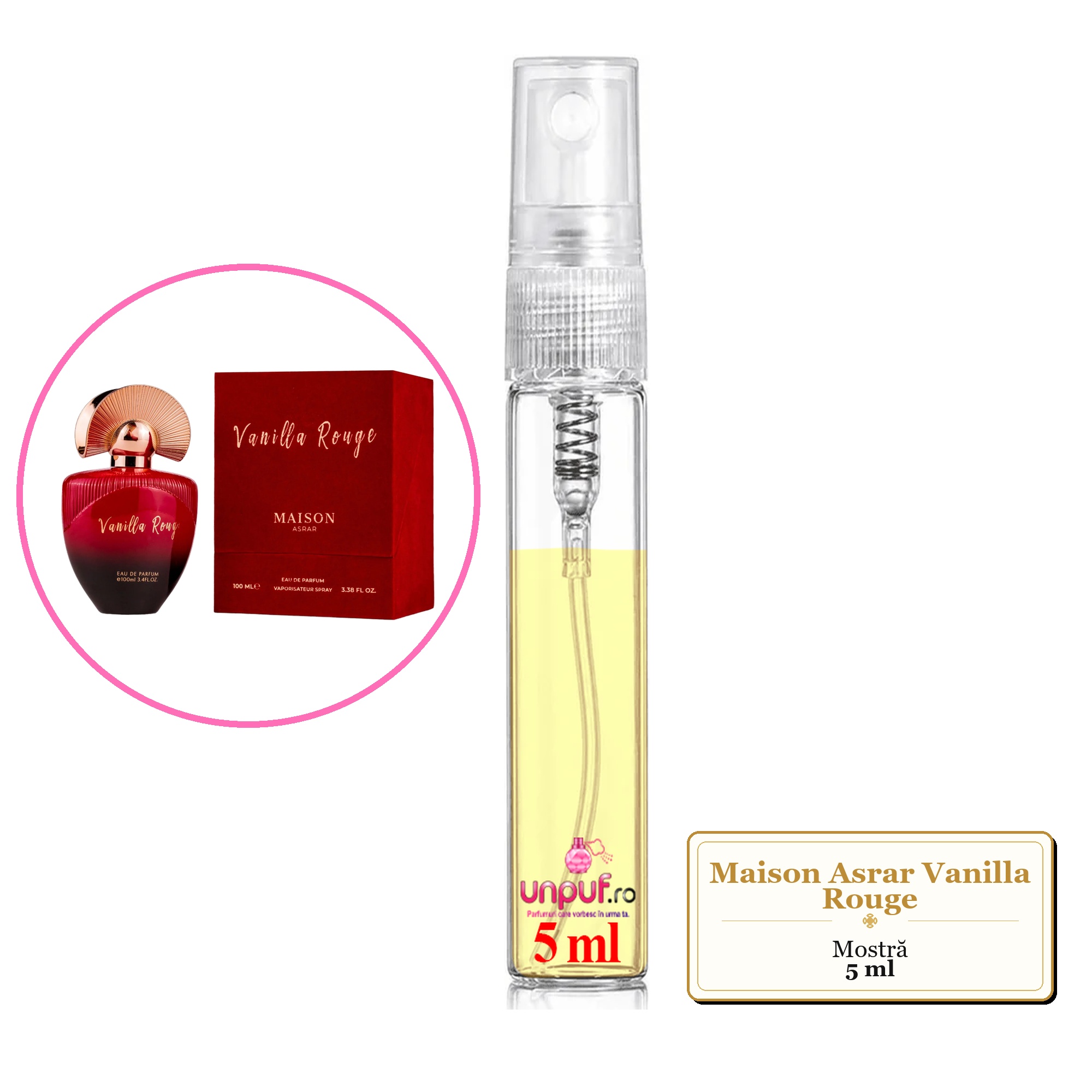 Mostra fiola din Parfumul Maison Asrar Vanilla Rouge, decant sticla cu pulverizator 