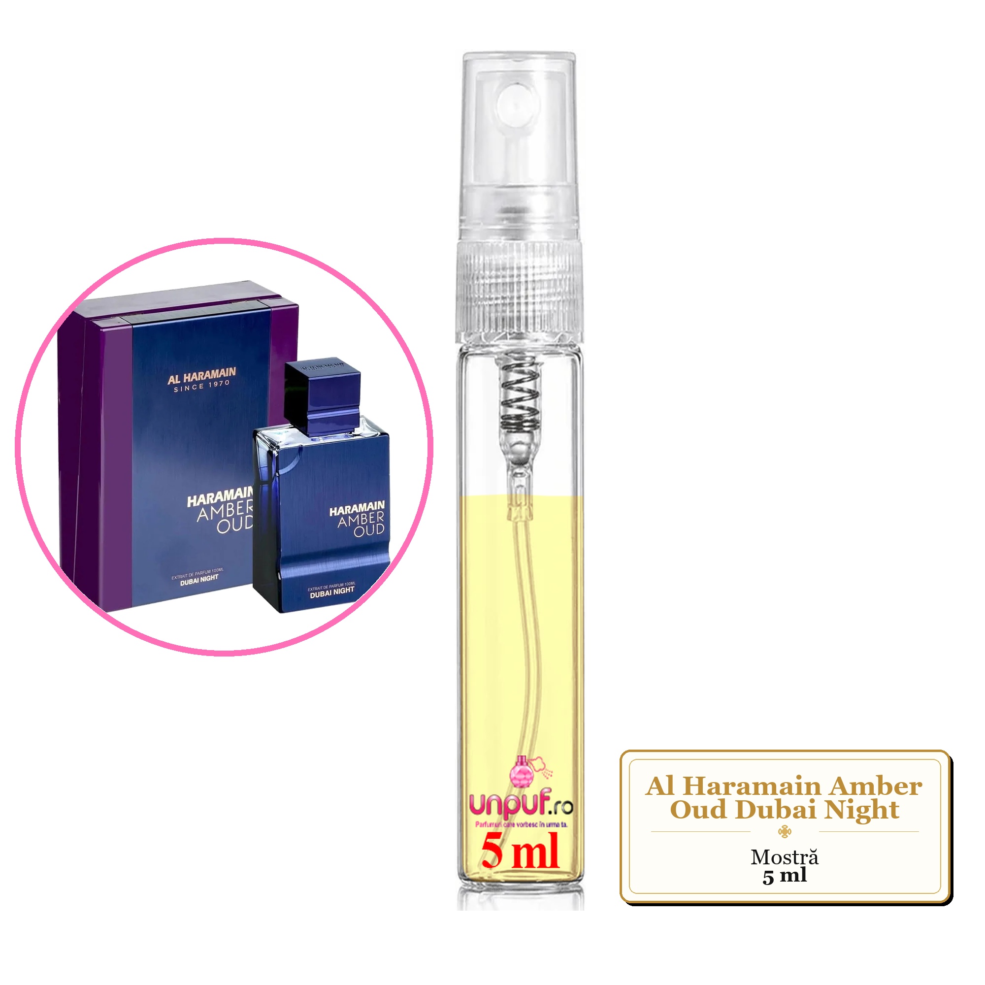 Mostra fiola din Parfumul Al Haramain Amber Oud Dubai Night, decant sticla cu pulverizator