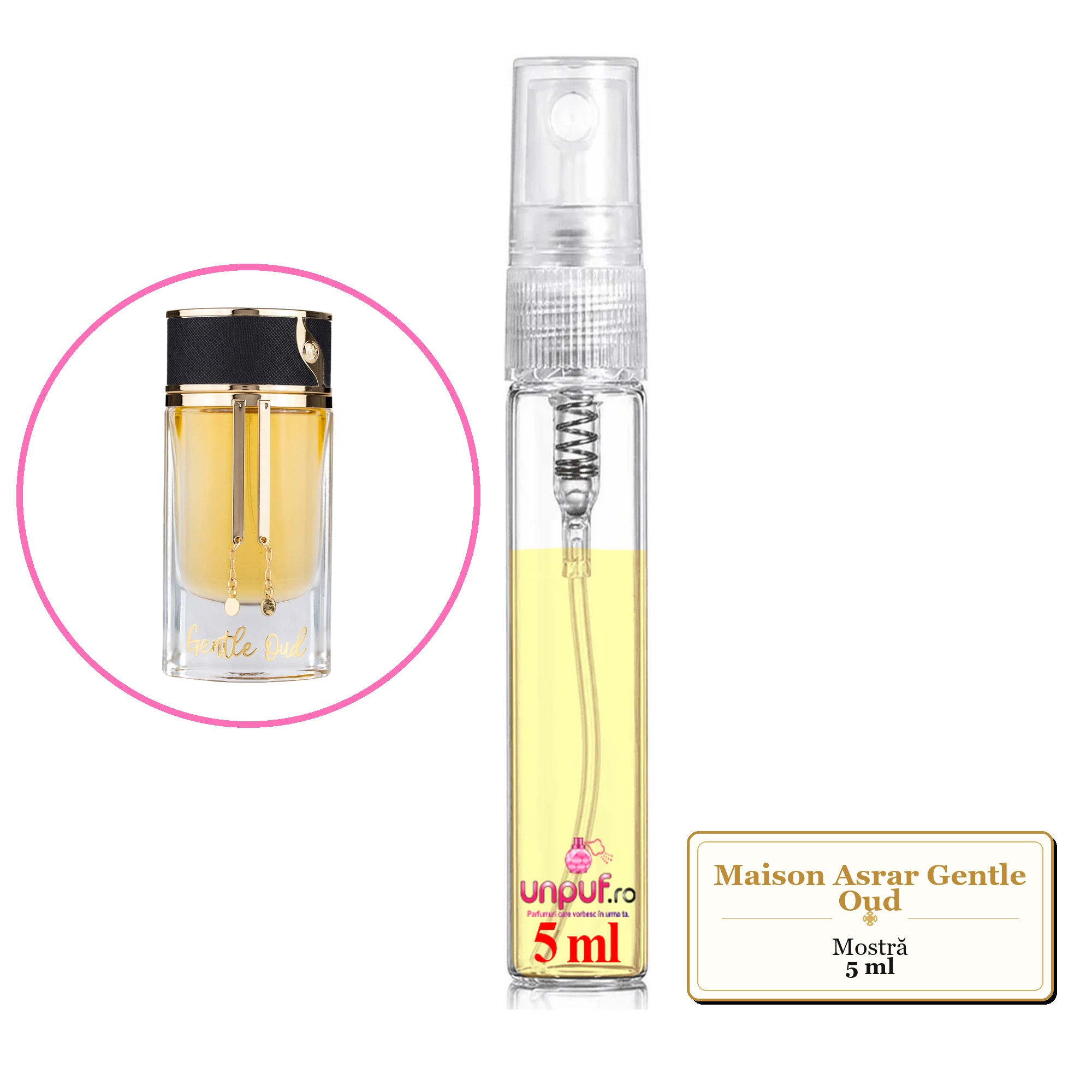 Mostra fiola din Parfumul Maison Asrar Gentle Oud, decant sticla cu pulverizator