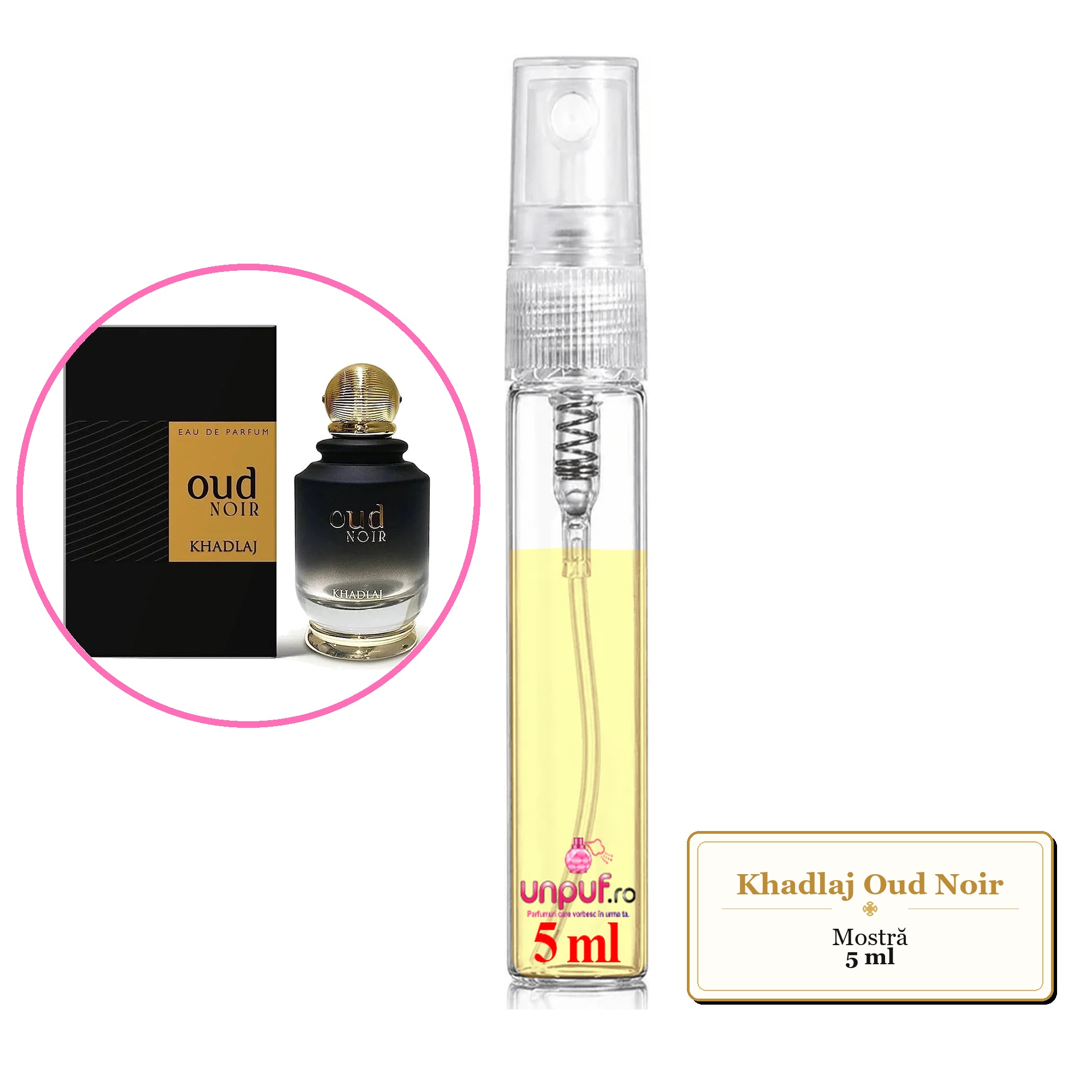 Mostra fiola din Parfumul Khadlaj Oud Noir, decant sticla cu pulverizator 