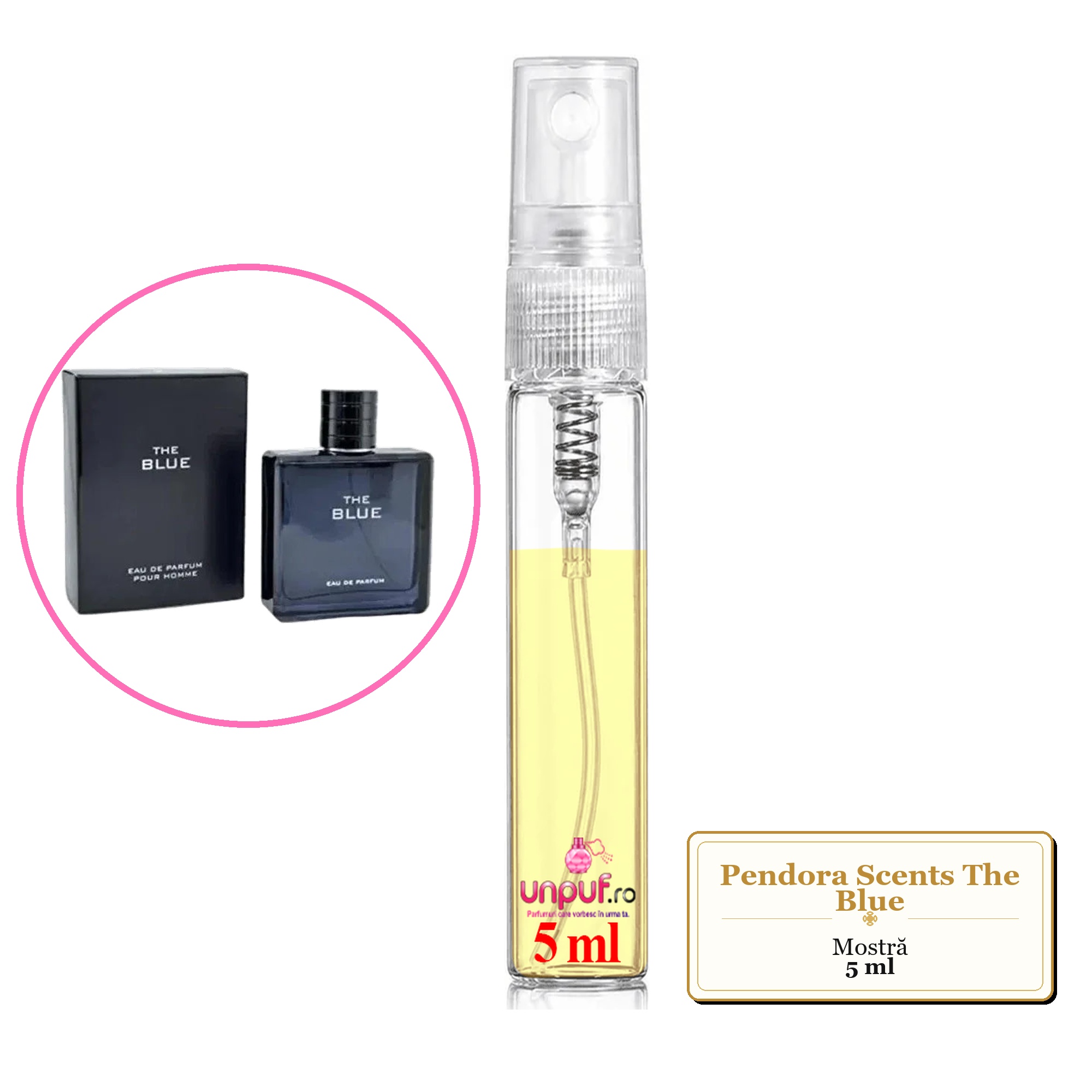 Mostra fiola din Parfumul Pendora Scents The Blue, decant sticla cu pulverizator